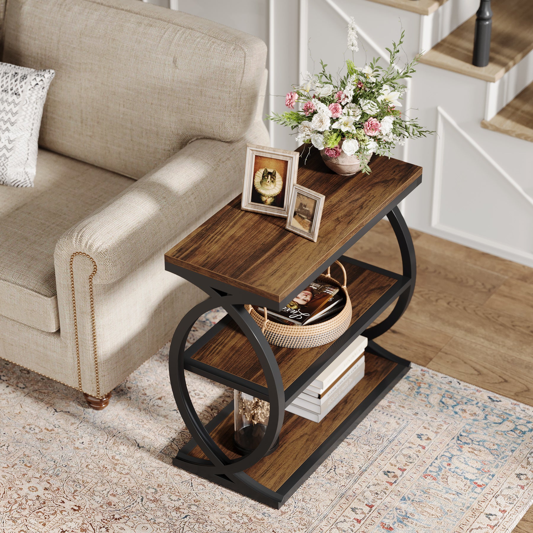 23.62" Rustic Brown Narrow End Table, 3-Tier Industrial Wood & Metal Side Table for Small Space