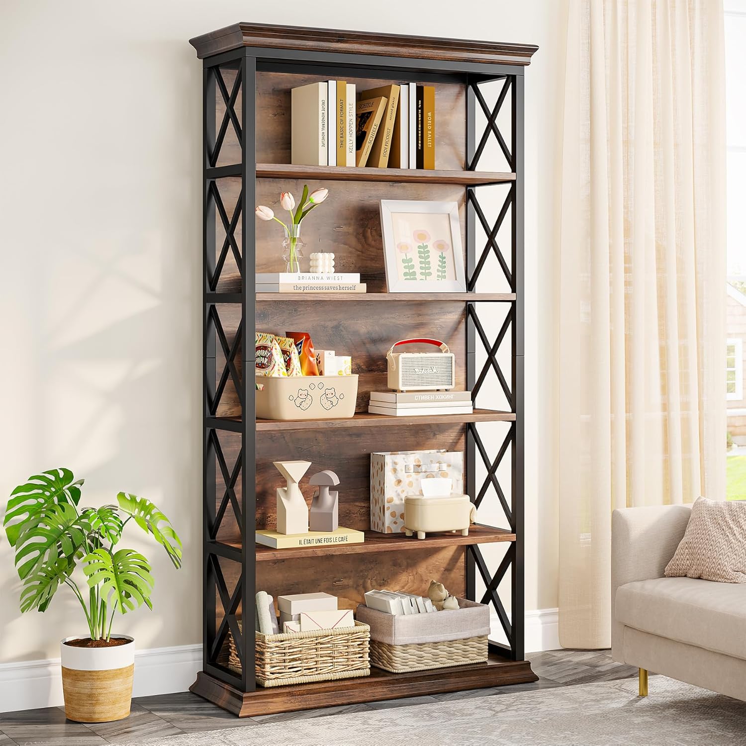 71" Industrial 6-Tier Bookcase - 5-Shelf Floor Standing Storage Unit in Brown & Black