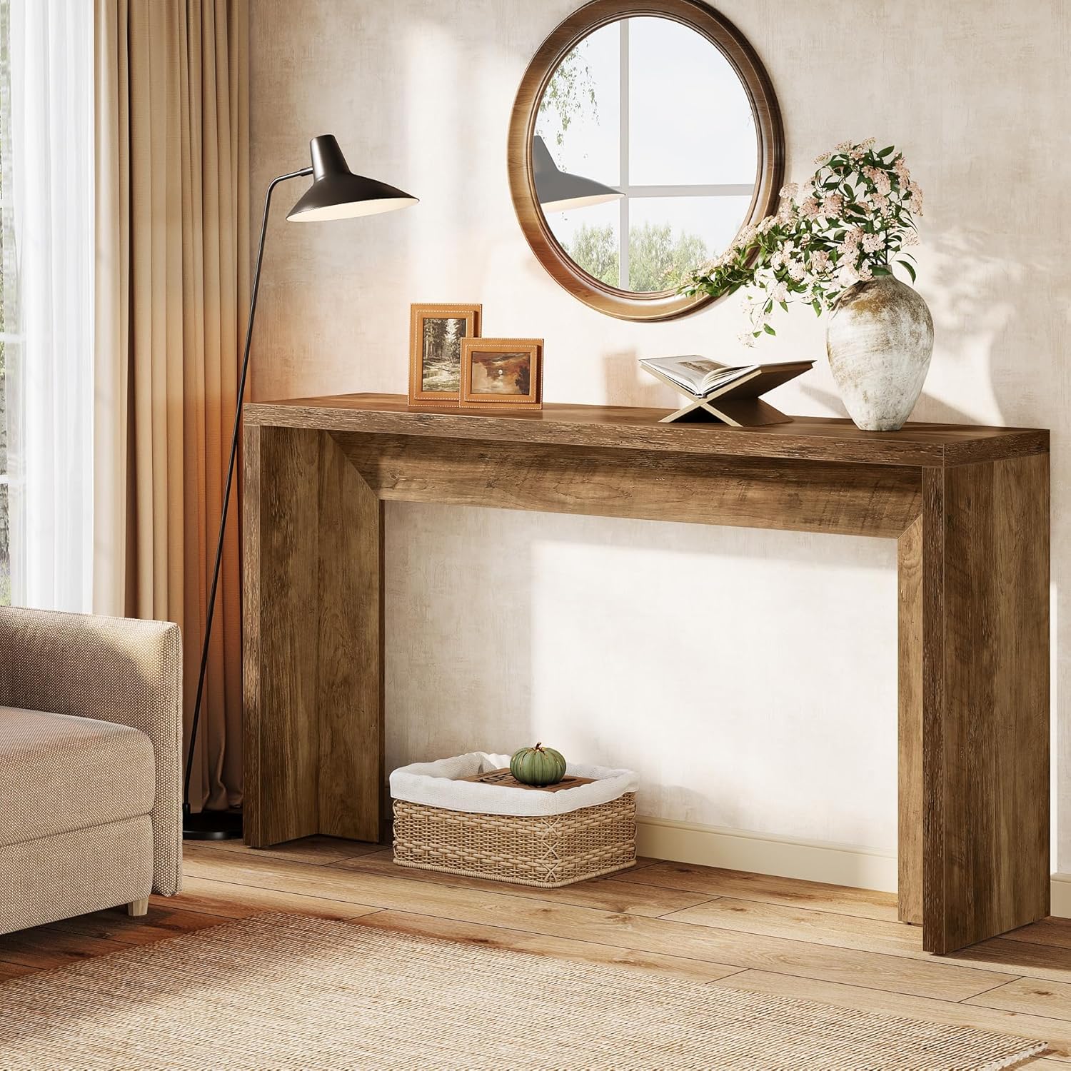 55" Farmhouse Console Table with Storage - Rustic Sofa Table for Hallway & Living Room