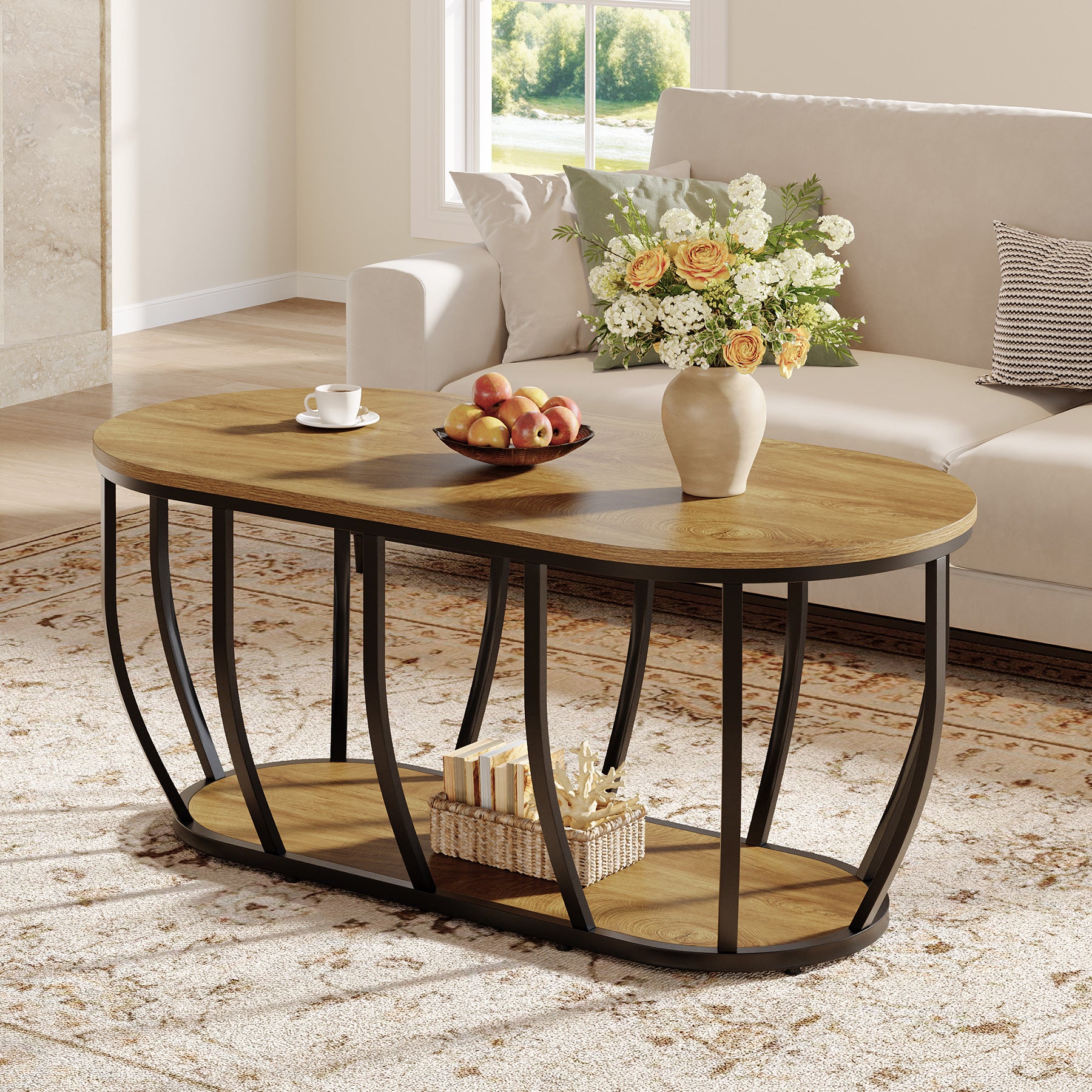 Tribesigns 47.2-Inch Oval Industrial Coffee Table, 2-Tier Wooden Center Table with Curved Metal Base