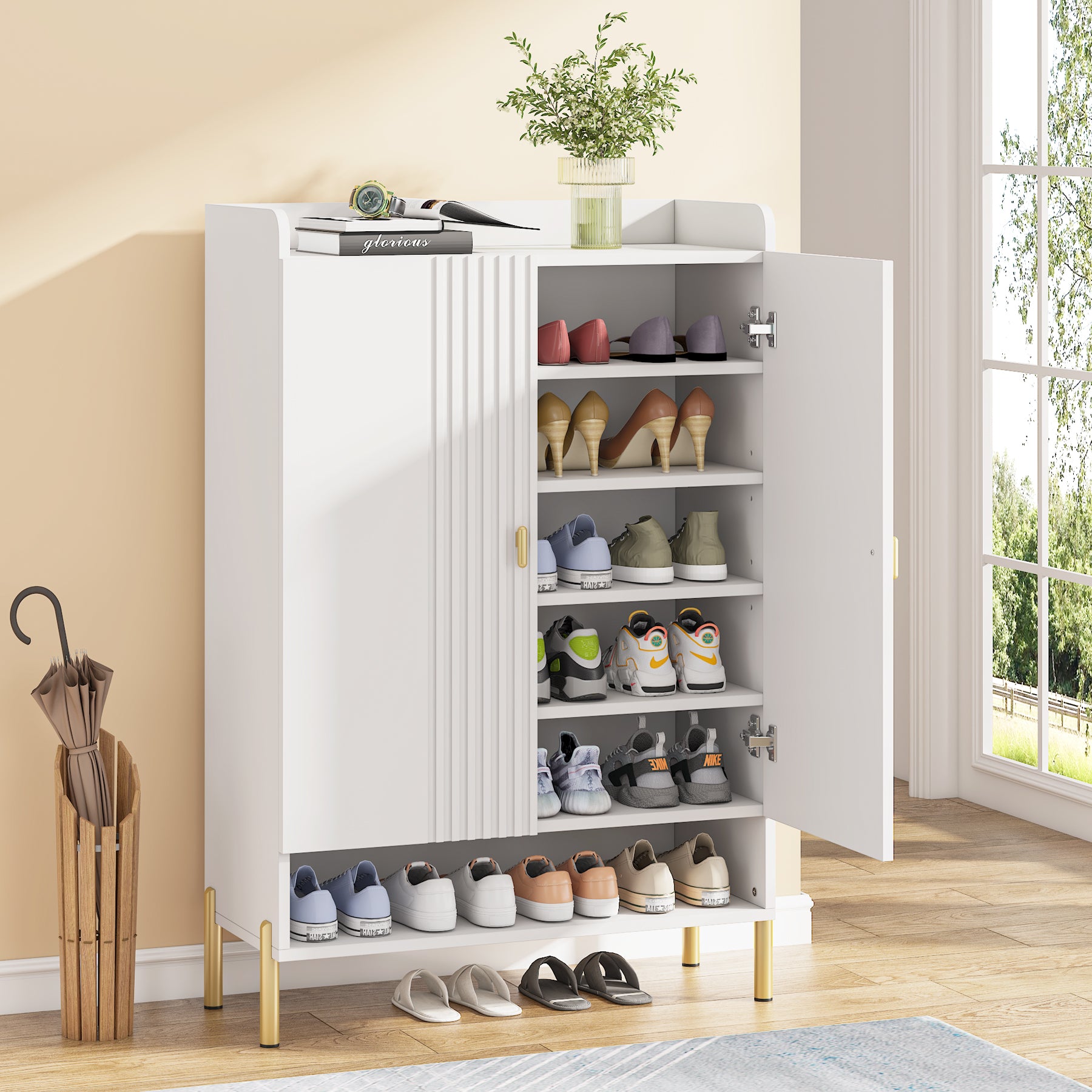 Tribesigns Slim 6-Tier Shoe Cabinet, Freestanding White Organizer with Doors for Entryway