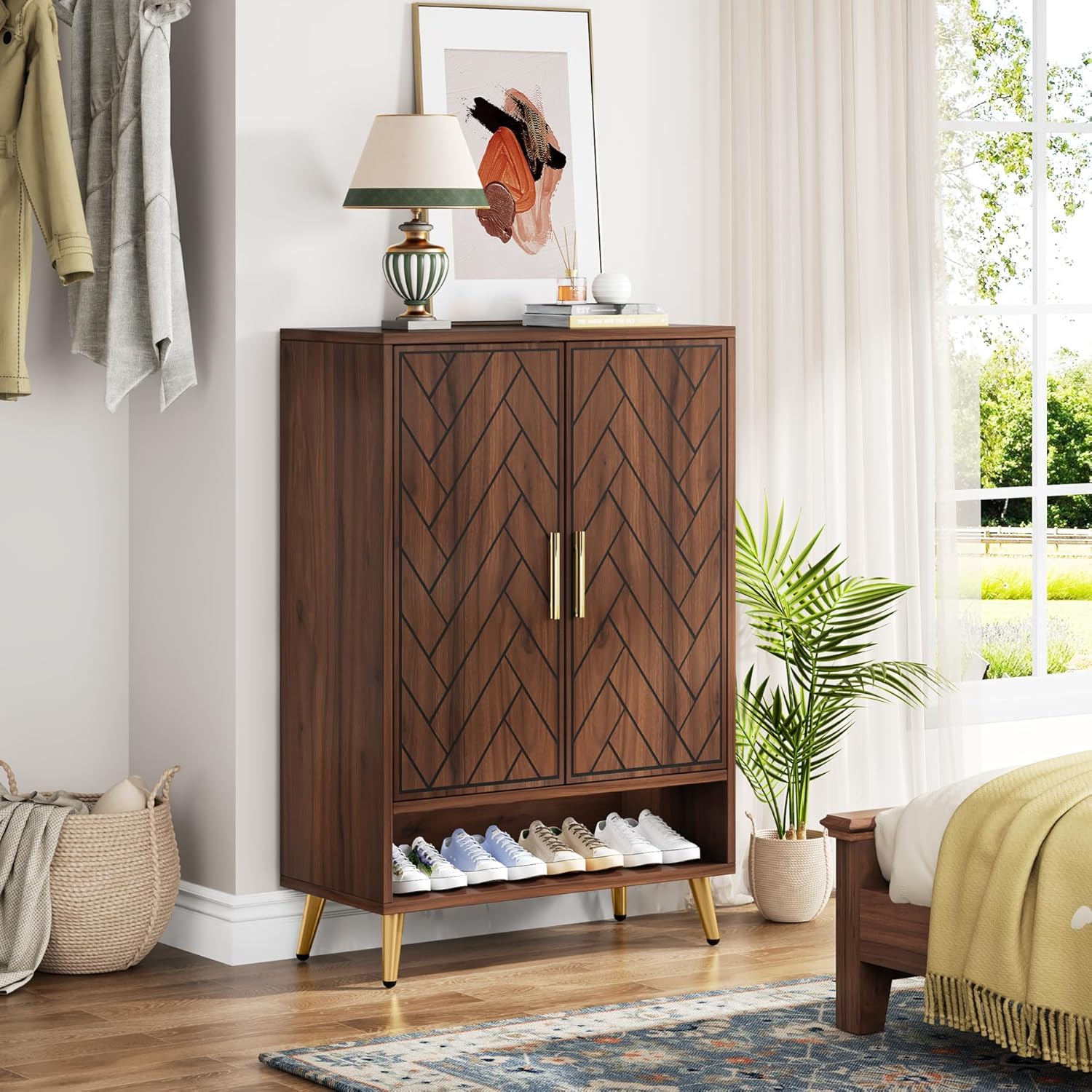 6-Tier Adjustable Shoe Cabinet - Wooden Shoe Organizer with Storage Shelves