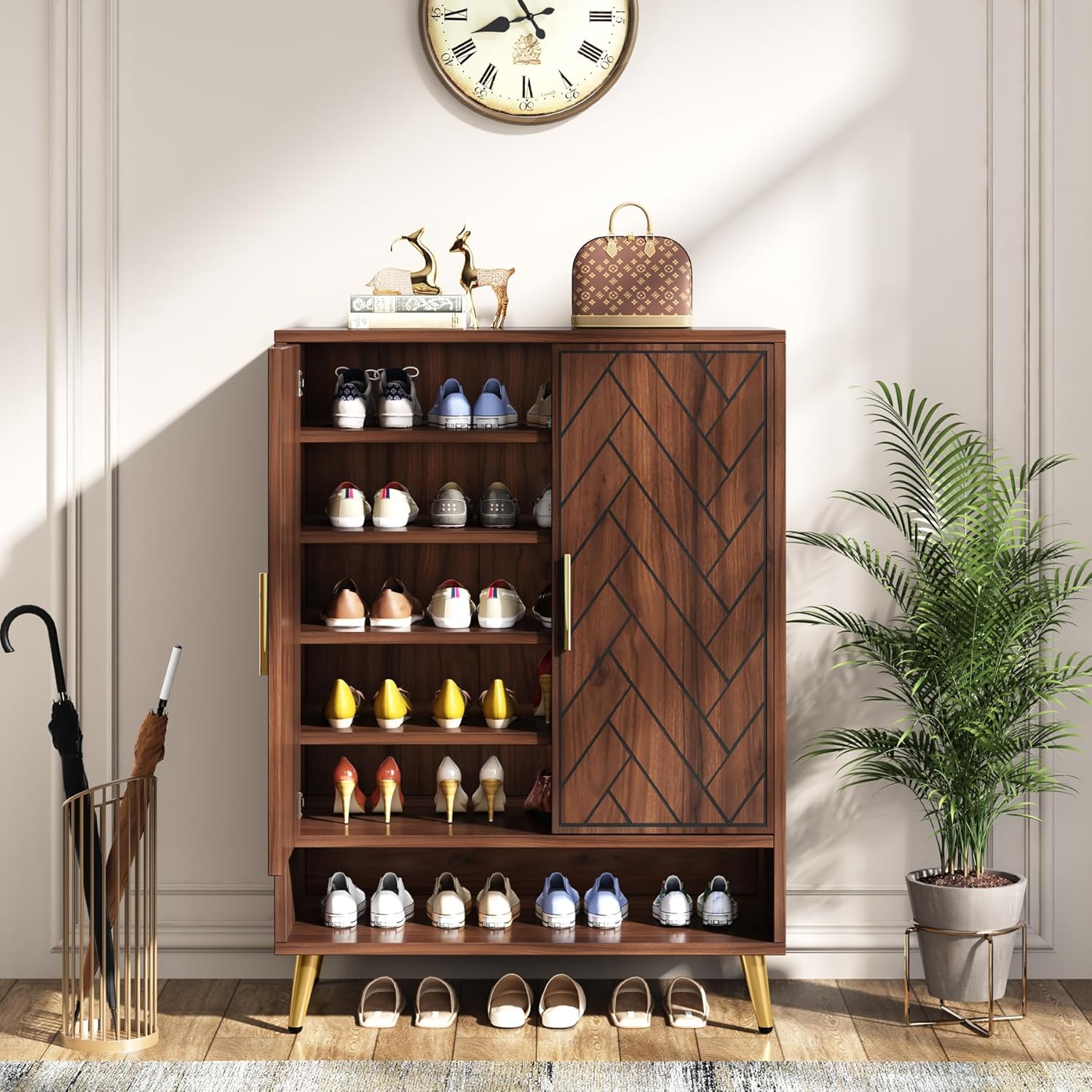 6-Tier Adjustable Shoe Cabinet - Wooden Shoe Organizer with Storage Shelves