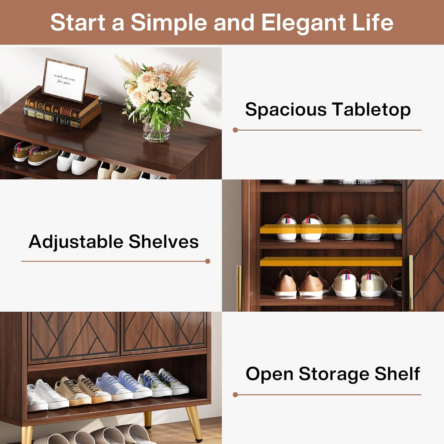 6-Tier Adjustable Shoe Cabinet - Wooden Shoe Organizer with Storage Shelves