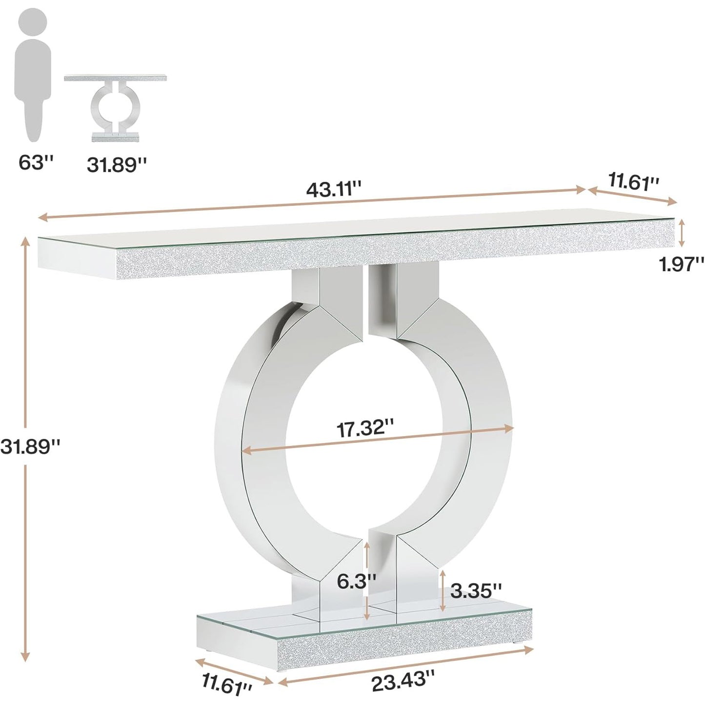 43" Mirrored Console Table, Modern Silver Sofa Table with O-Shaped Base