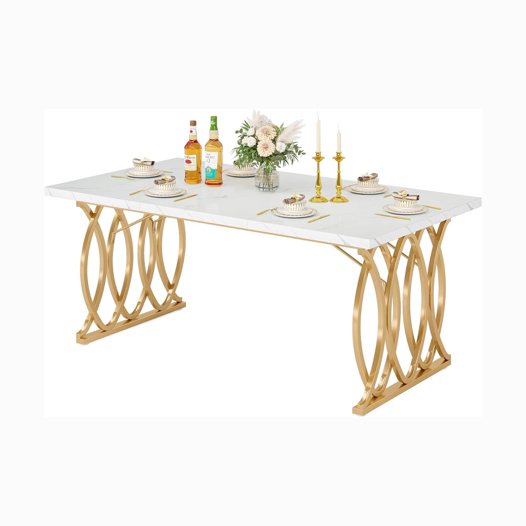 63" Modern Dining Table with Faux Marble Tabletop for 4-6 People