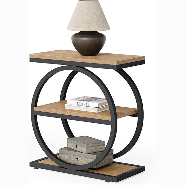 3-Tier End Table, Industrial Sofa Side Table with Round Metal Frame