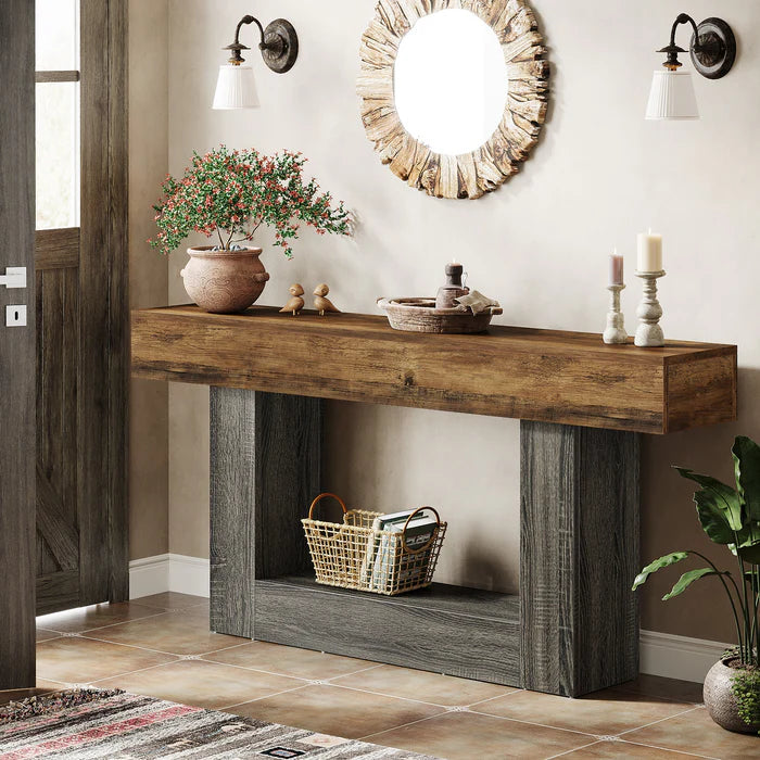 63" Distressed Wood Console Table, 2-Tier Sofa & Entry Table