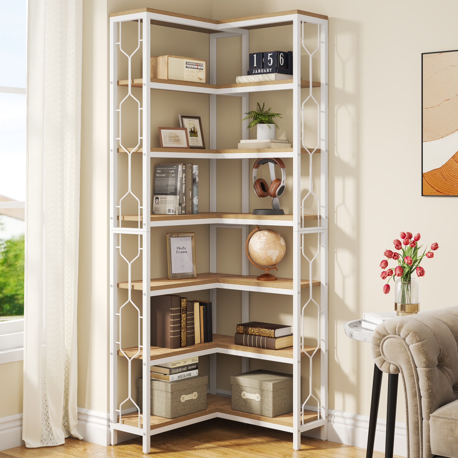78.7-Inch 7-Tier Corner Bookcase with Hexagon-Pattern Side Panels, Tall Display Unit for Living Room