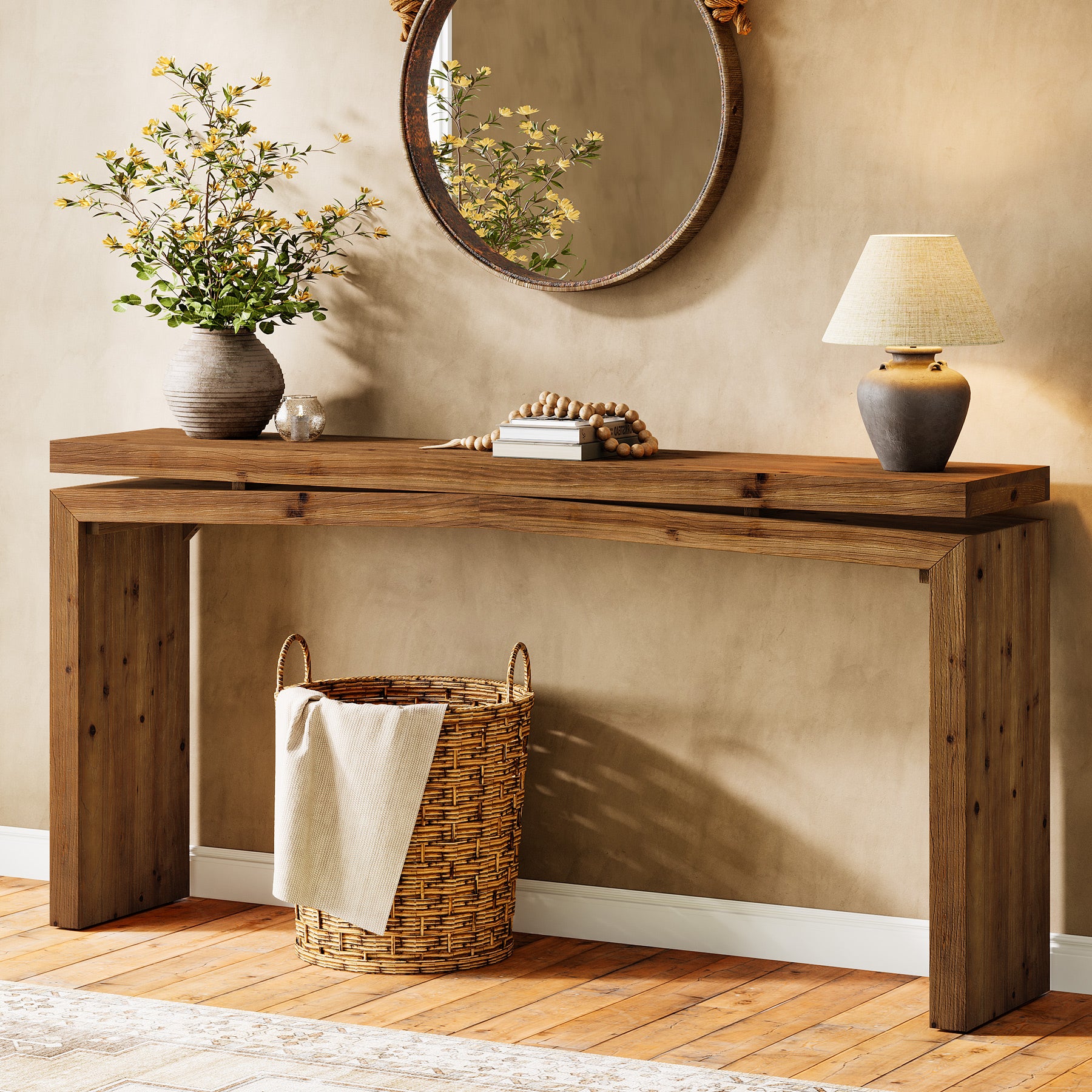 63-Inch Solid Wood Farmhouse Console Table, Long Sofa Table for Entryway