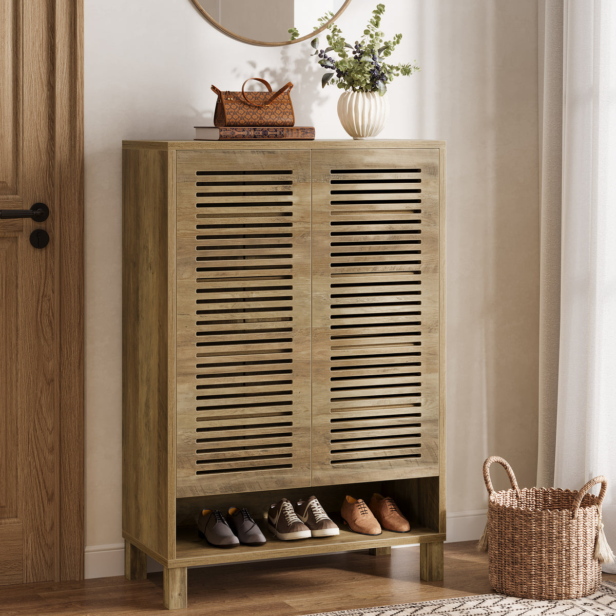 Free-Standing Shoe Cabinet, Narrow Farmhouse Wooden Organizer with 6 Shelves