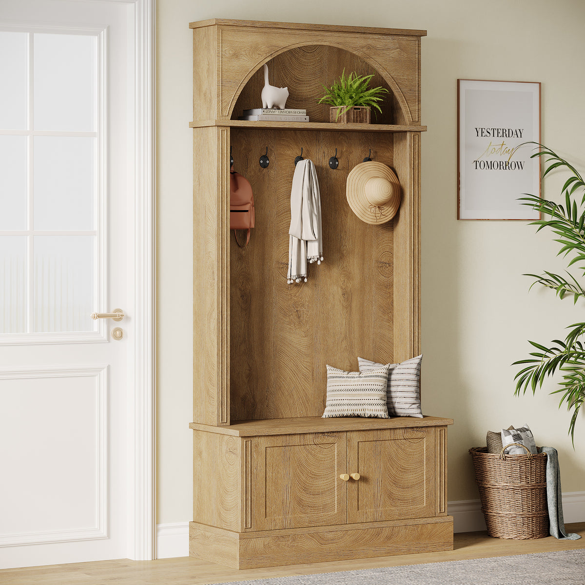 4-in-1 Hall Tree with Shoe Bench and Storage Cabinet, Entryway Coat Rack with Hooks and Top Shelf