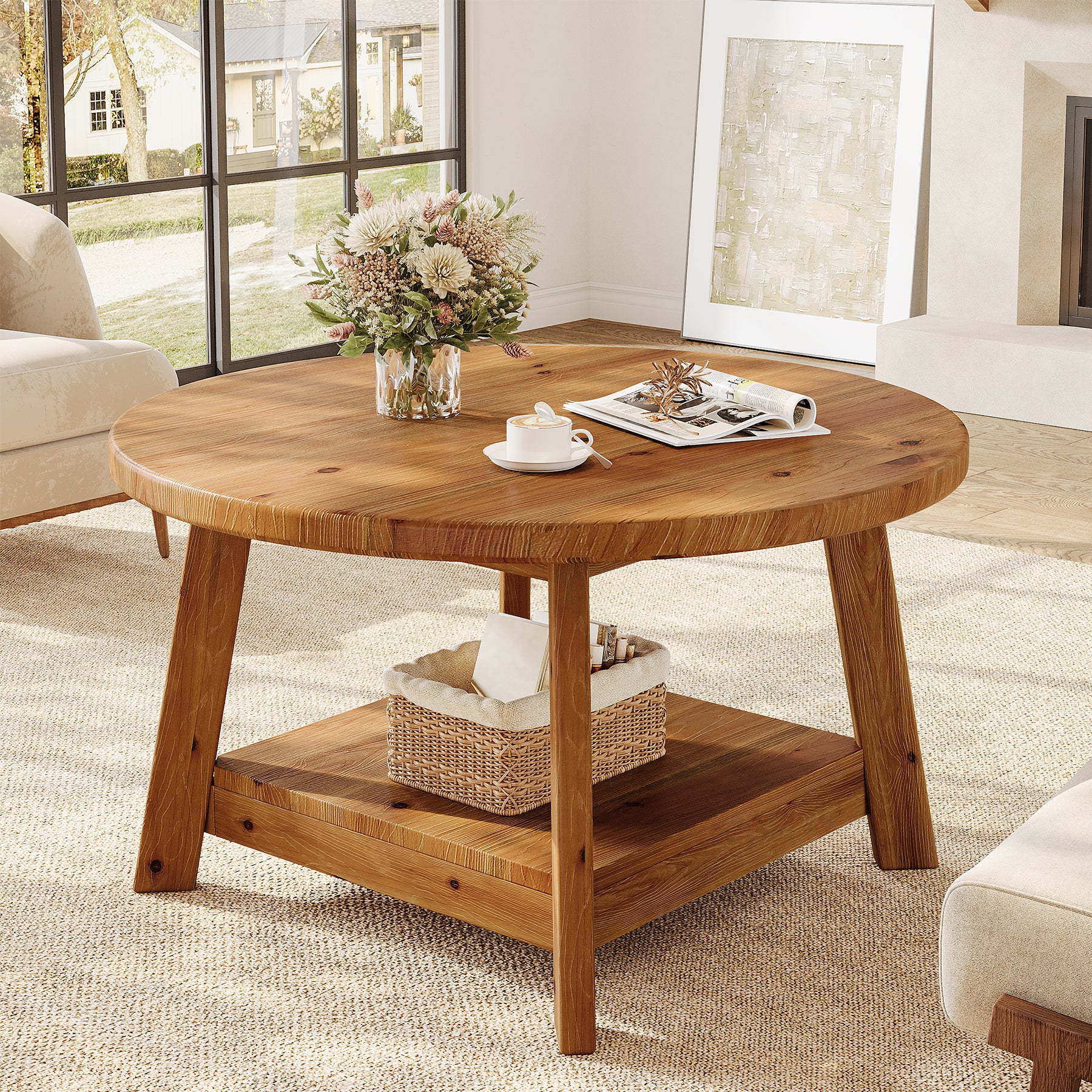 Rustic Round Coffee Table, 31.5-Inch Two-Tier Design with Tapered Wooden Legs