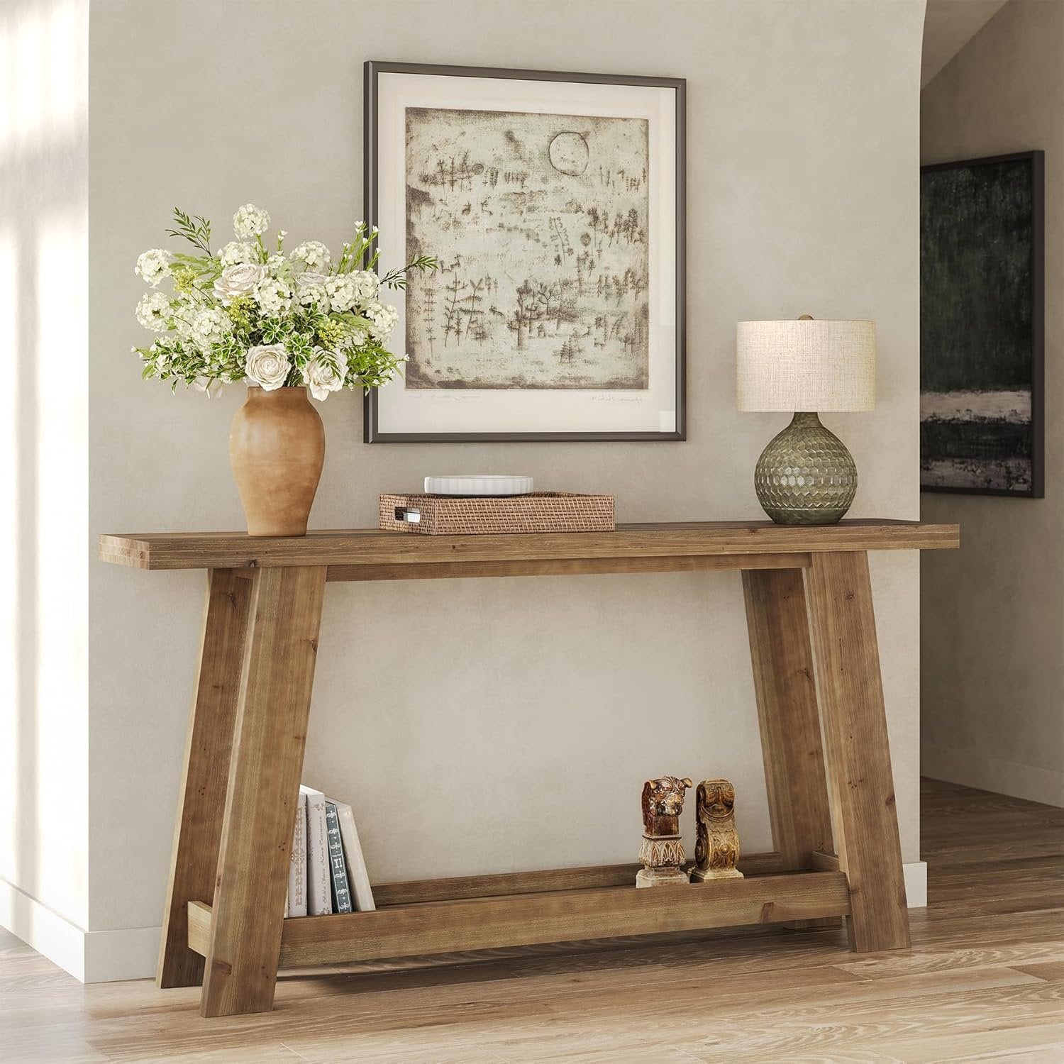 63" Console Table, Farmhouse Wood Sofa Entryway Table with 2-Tier Shelf
