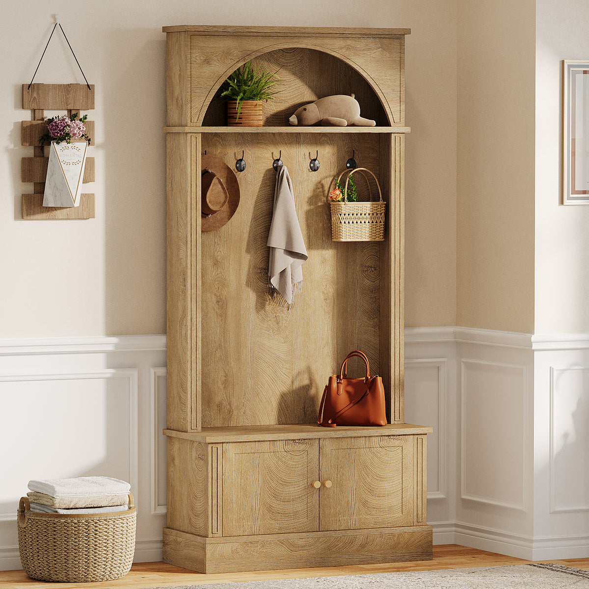 Tribesigns 4-in-1 Hall Tree with Shoe Bench and Storage Cabinet, Entryway Coat Rack with Hooks and Top Shelf