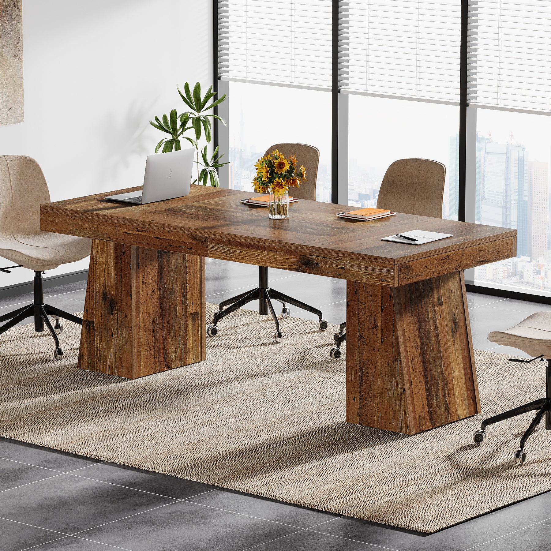 55-Inch Executive Desk, Large Wood Office Computer Desk with Double Pedestal