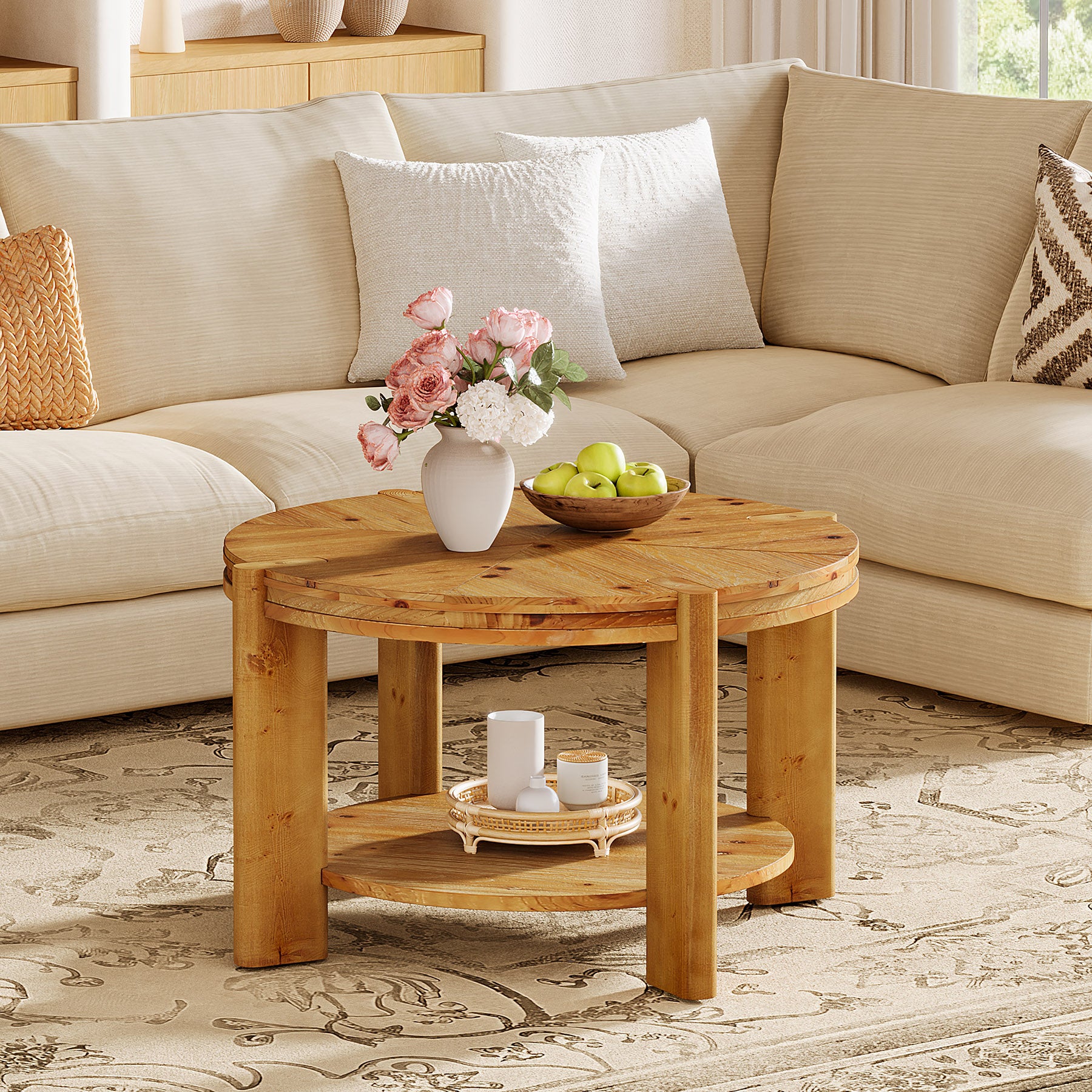29.5 Inch Solid Wood Round Coffee Table, Farmhouse 2-Tier Circle Center Table with Open Storage Shelf for Living Room Apartment