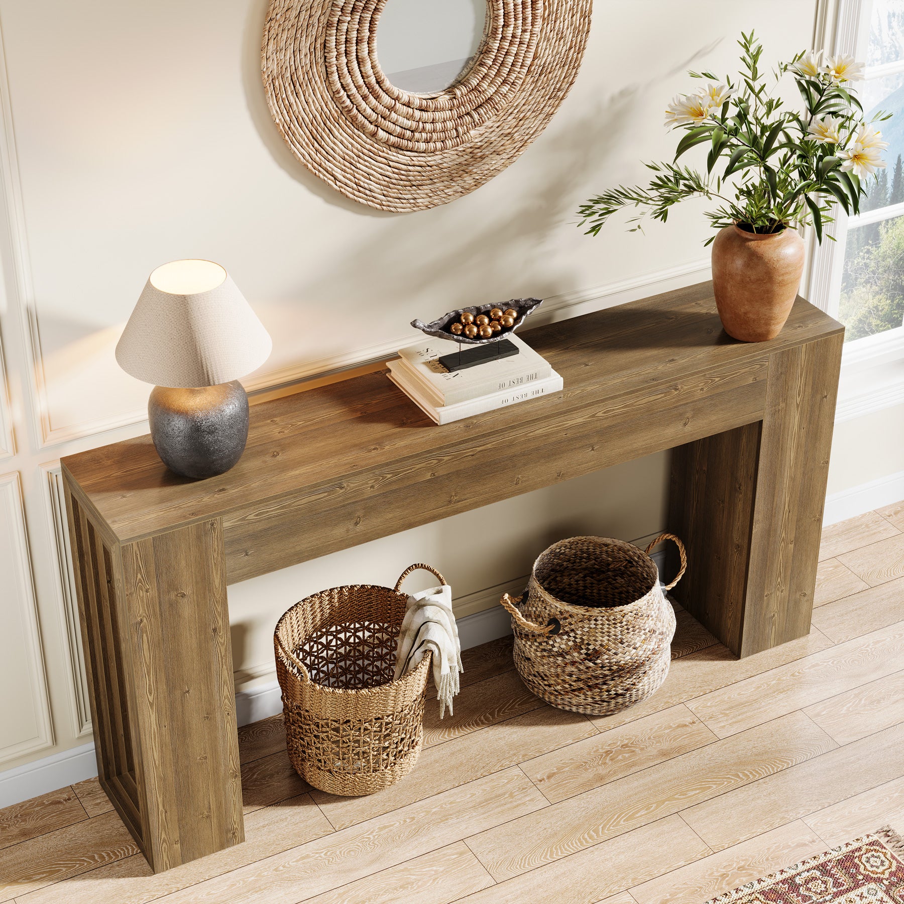 63" Farmhouse Console Table, Narrow Sofa Table with Natural Brown Finish for Entryway
