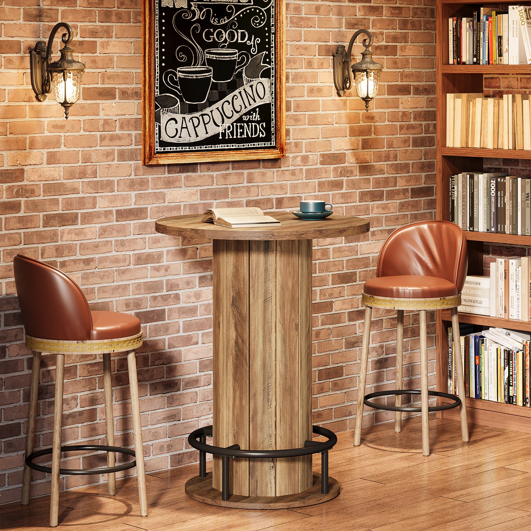 39.4" Round Wood Bar Table, Metal Ring Footrest for Dining & Living
