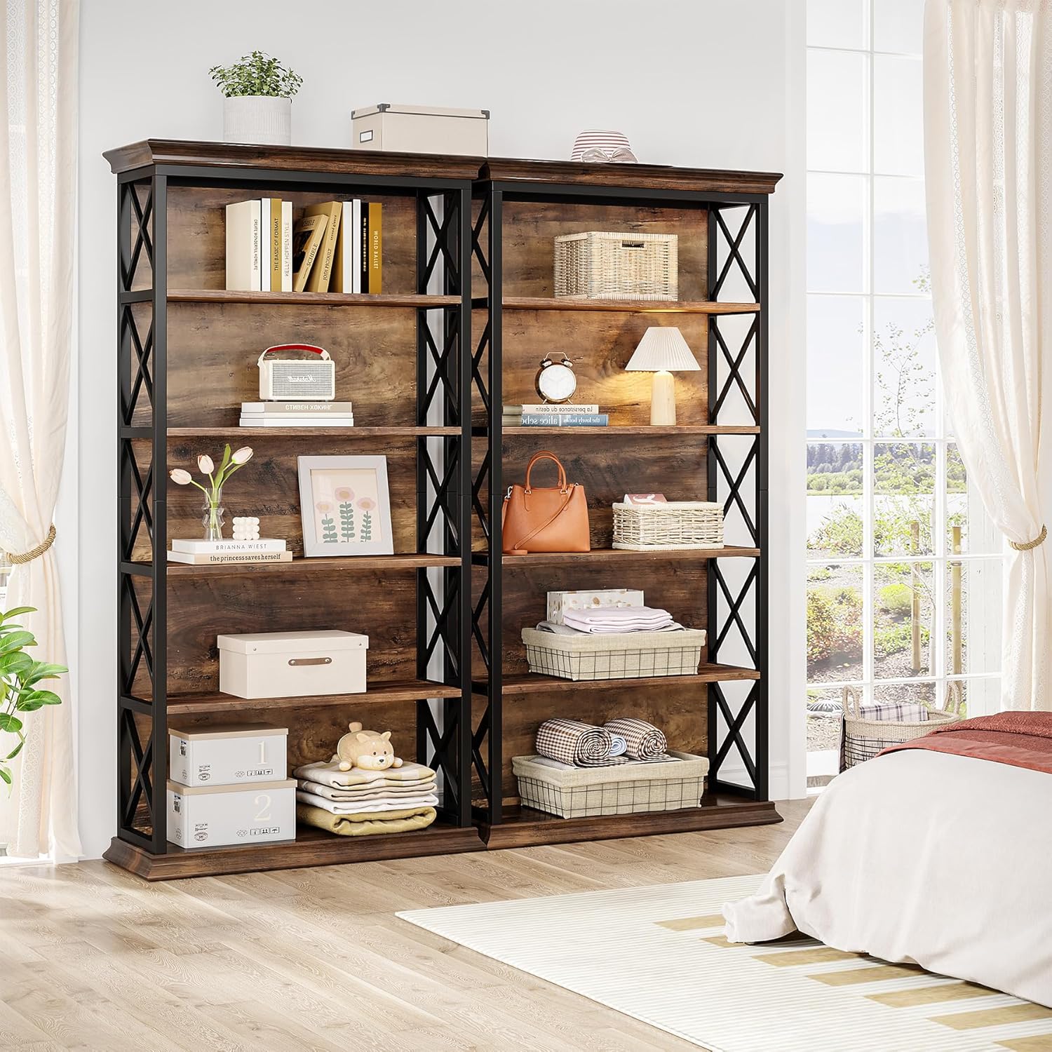 71" Industrial 6-Tier Bookcase - 5-Shelf Floor Standing Storage Unit in Brown & Black