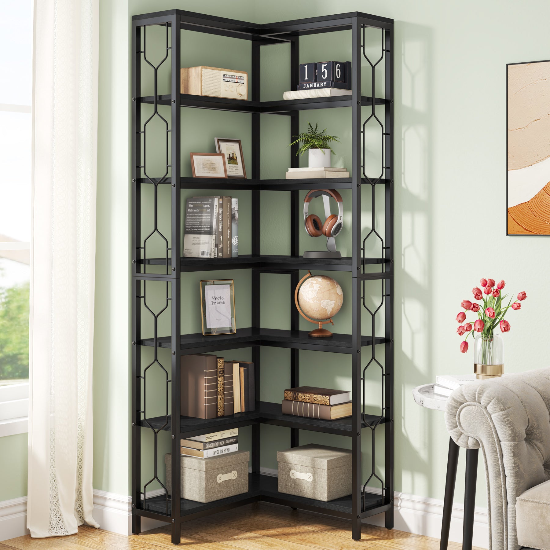 78.7-Inch 7-Tier Corner Bookcase with Hexagon-Pattern Side Panels, Tall Display Unit for Living Room
