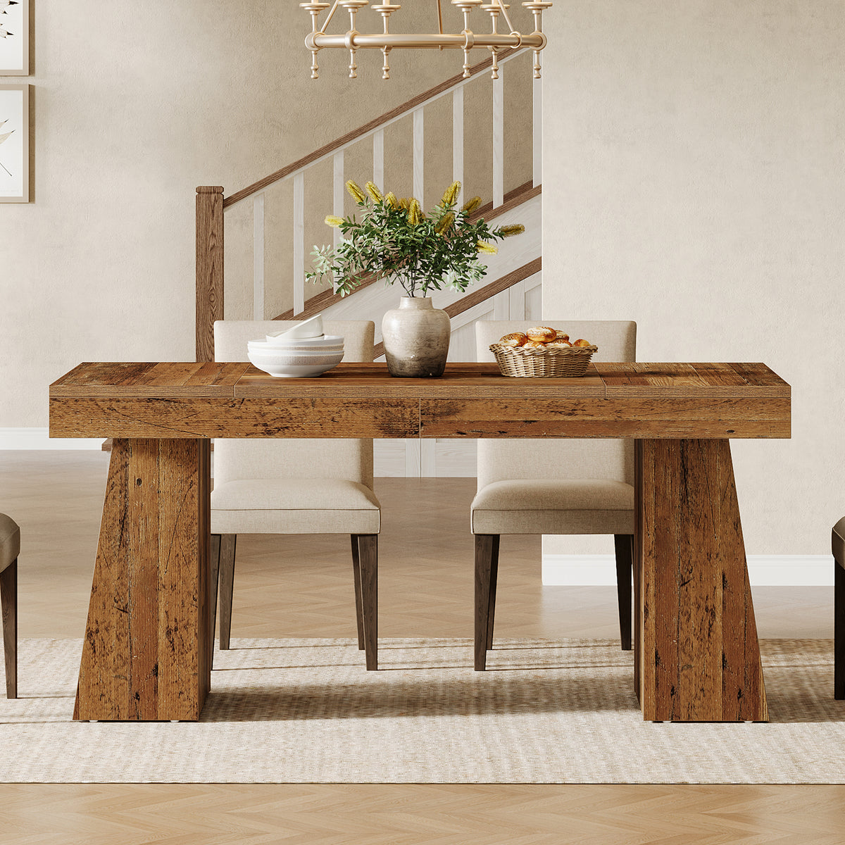 Tribesigns 55-Inch Dining Table for 4-6 People, Rectangular Farmhouse Kitchen Table with Double Pedestal Base