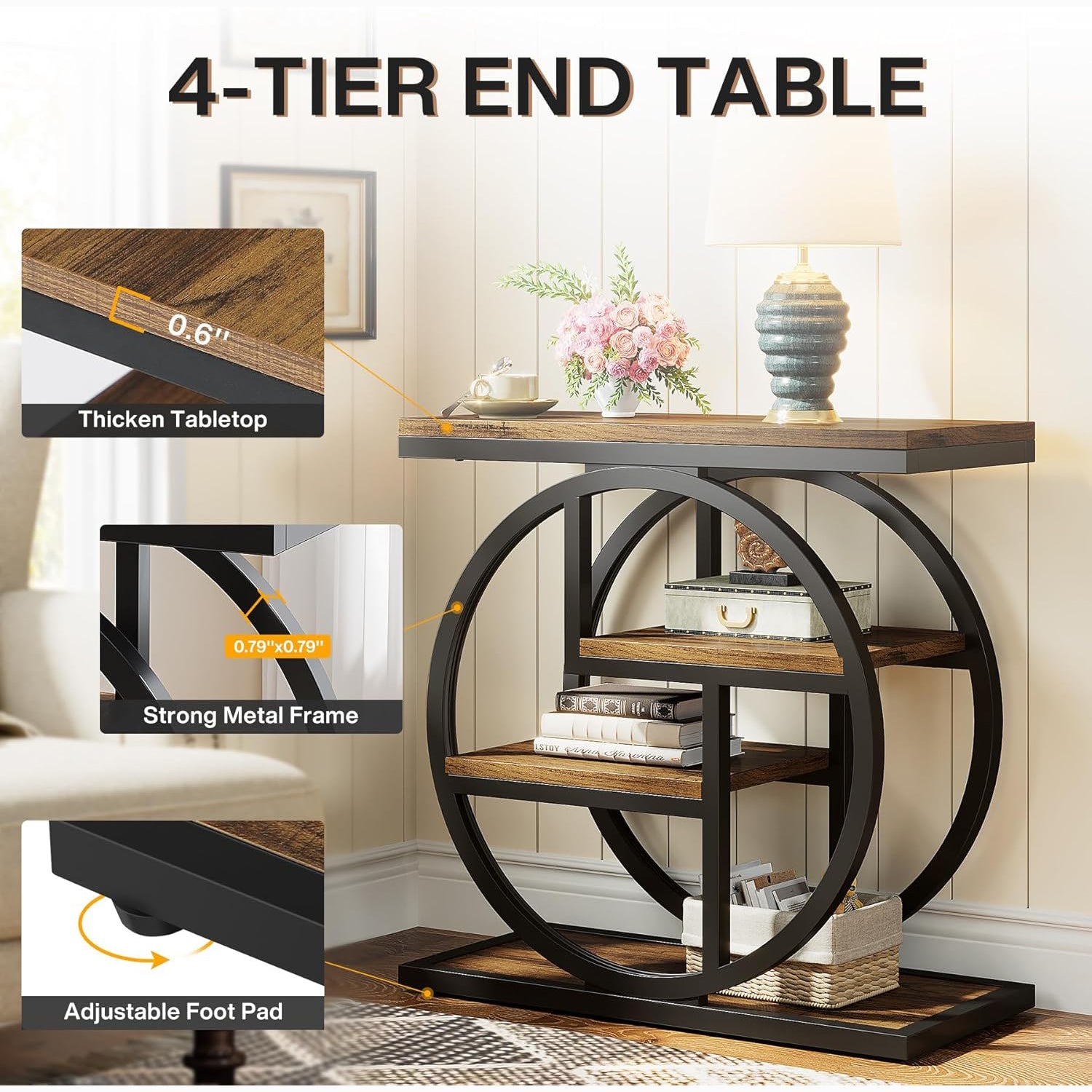 23.6" Industrial 4-Tier End Table - Narrow Wood & Metal Side Table with Storage Shelves, Rustic Brown