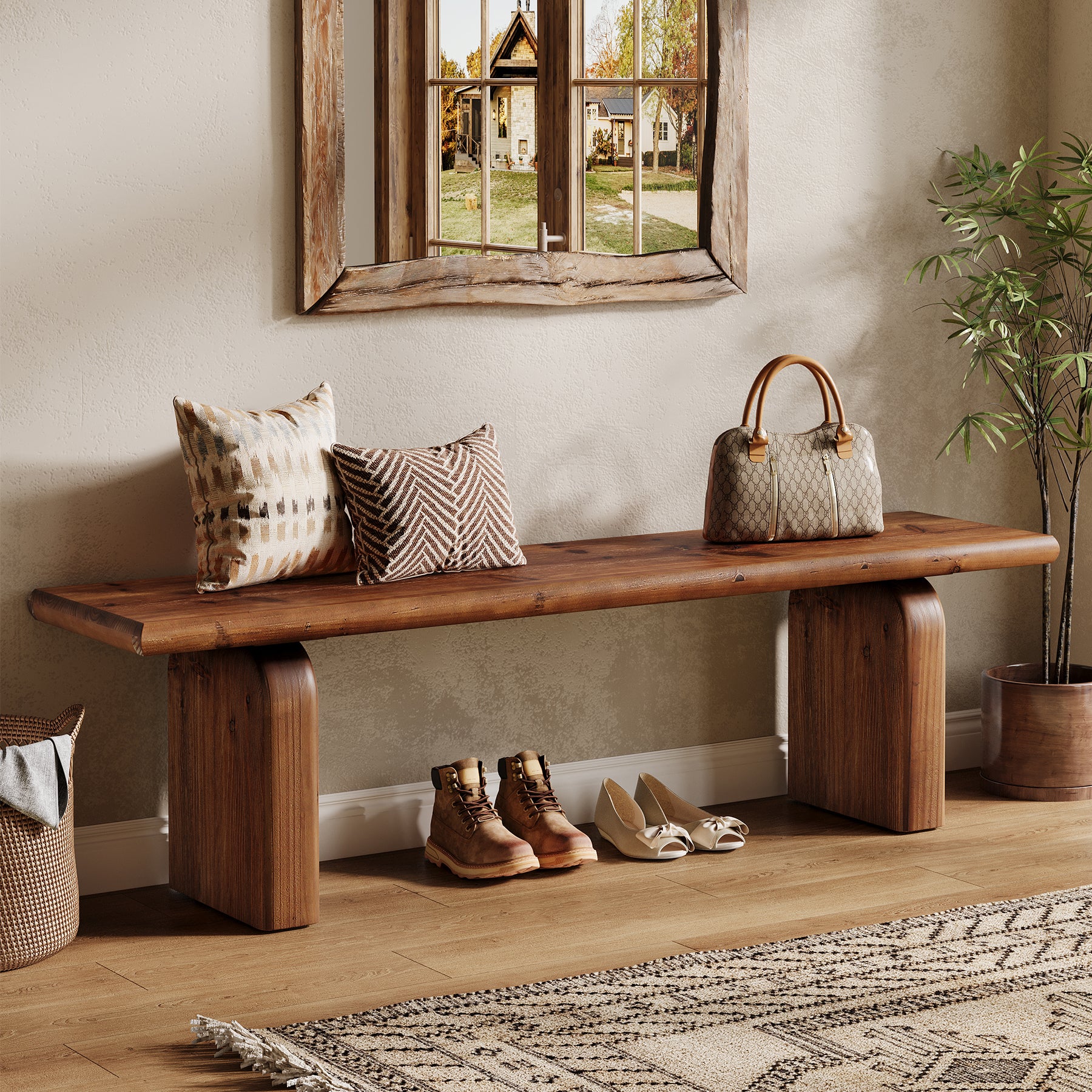 Tribesigns 62.99 Inch Solid Wood Entryway Bench, Farmhouse End of Bed Bench for Bedroom and Hallway