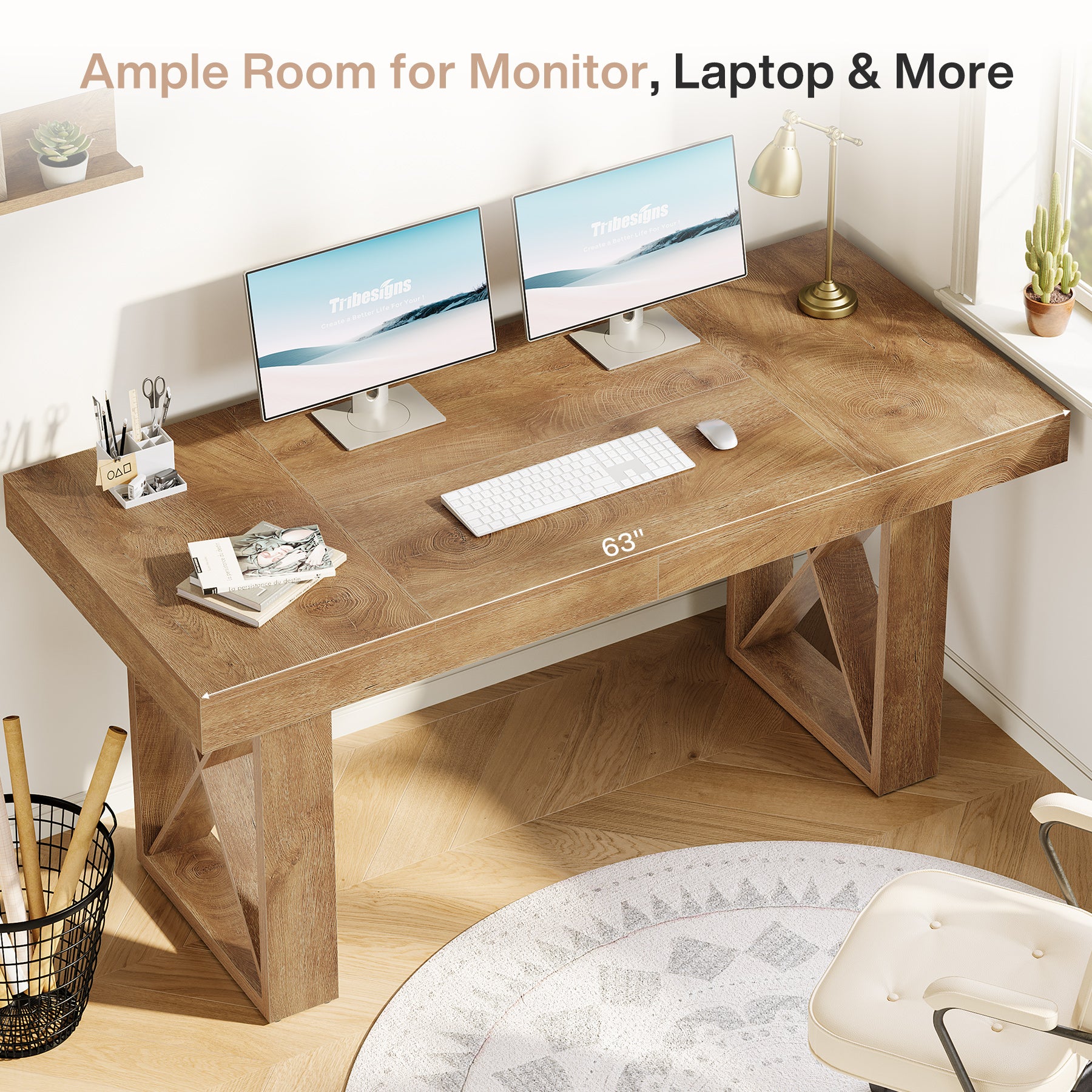 63 Inch Computer Desk with Thick Desktop, Writing Workstation for Home Office Study Room