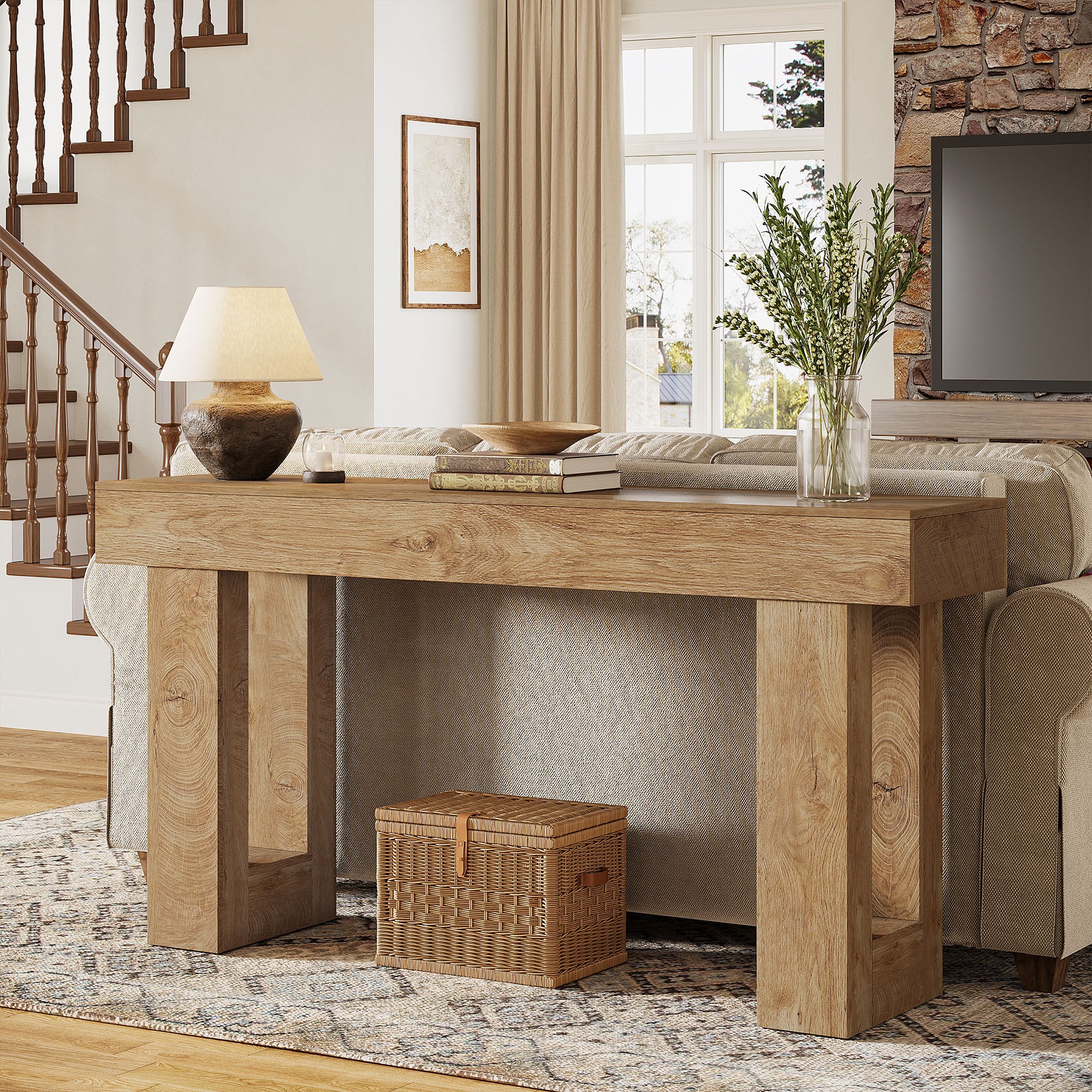 63" Farmhouse Console Table, Rectangular Wooden Accent Table for Entryway and Living Room
