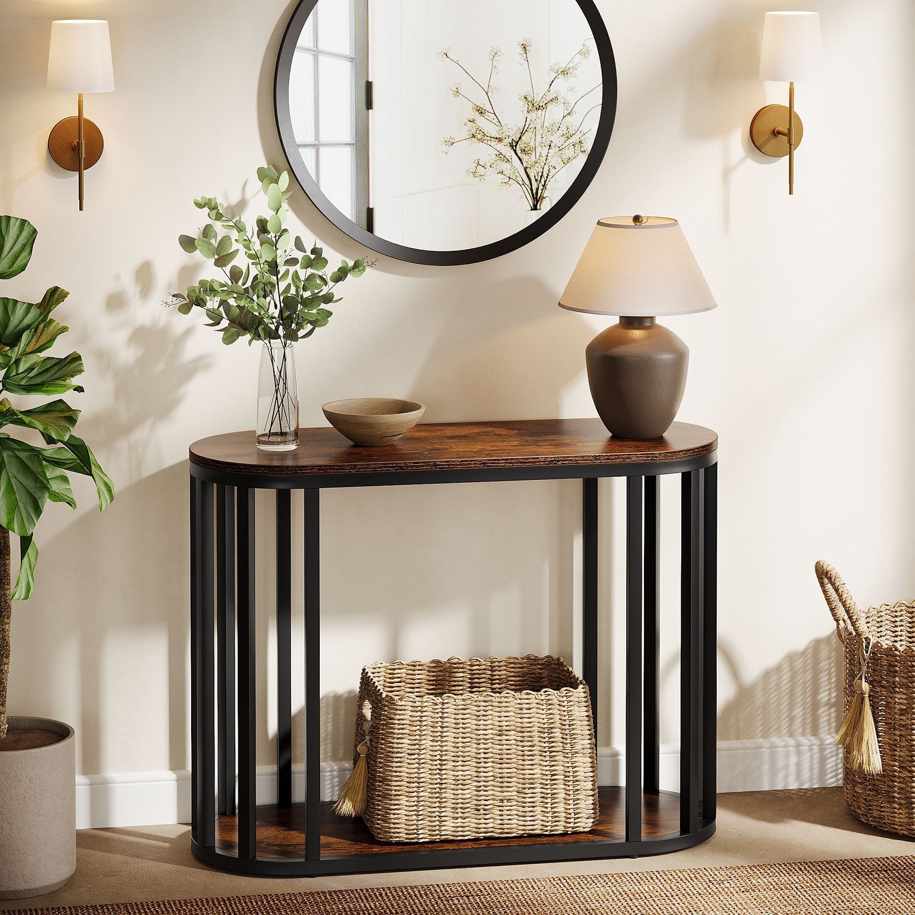 2-Tier Narrow End Table with Storage Shelf, Industrial Side Table Nightstand