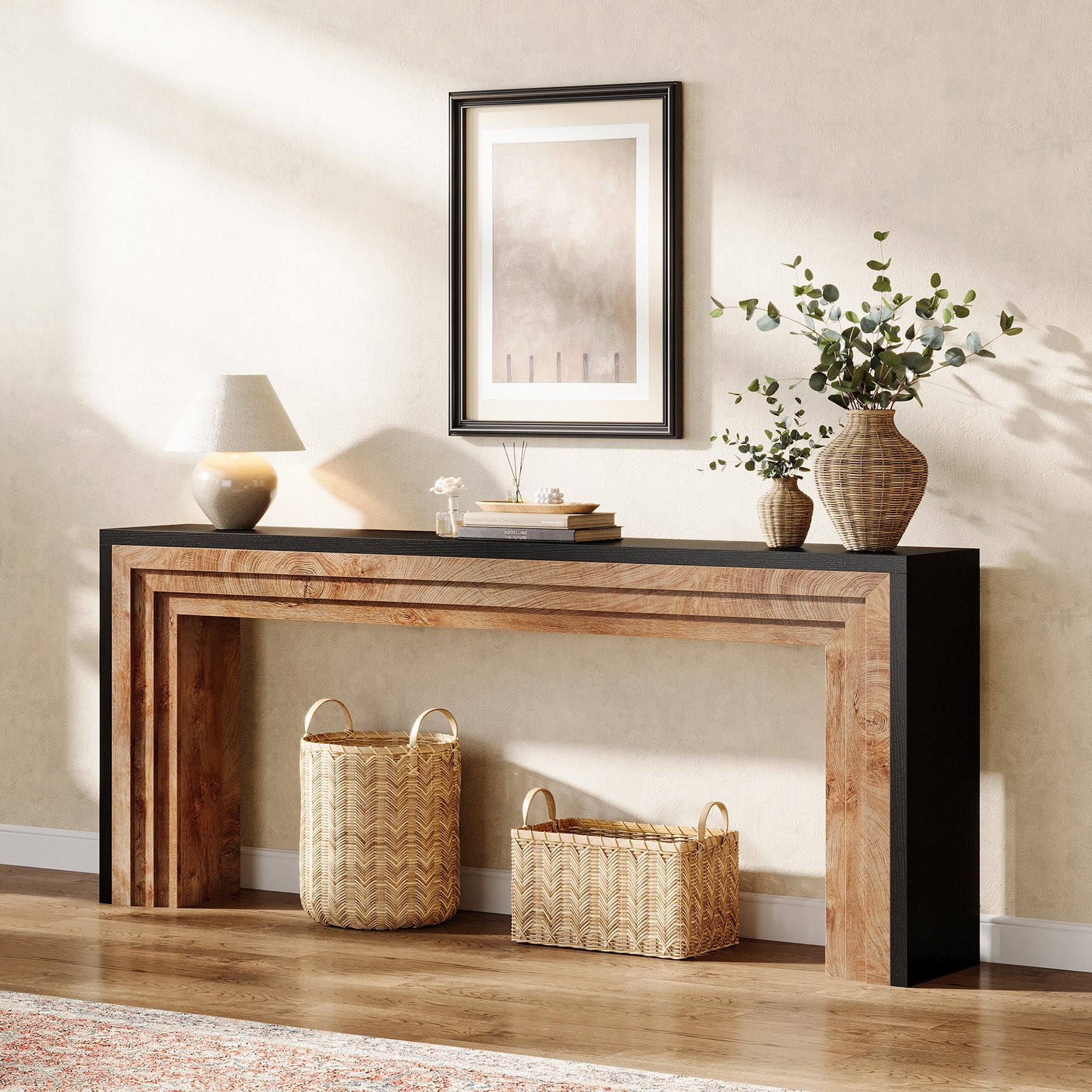 71" Farmhouse Console Table - Narrow Wood Sofa Table in Black & Natural for Entryway & Living Room