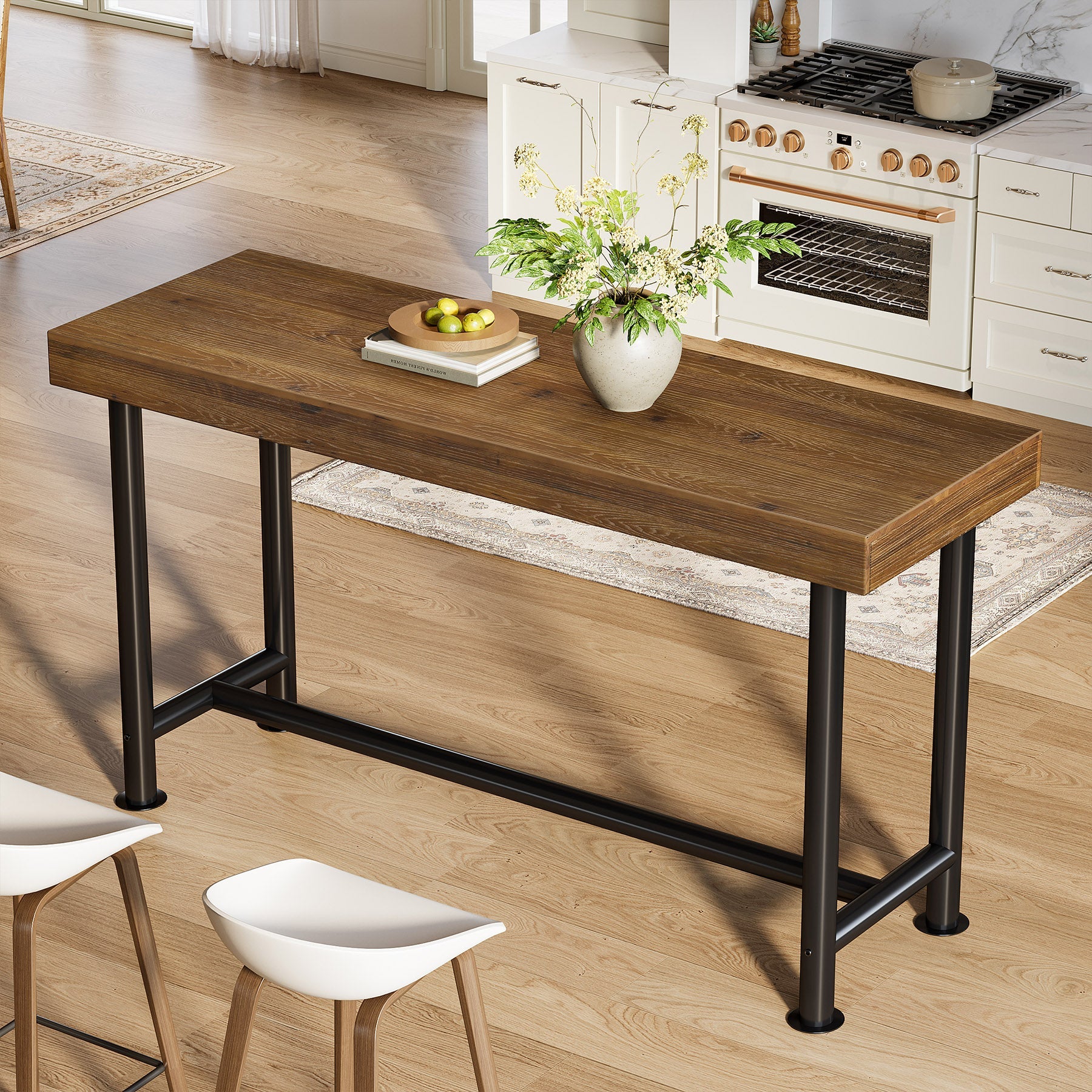63-Inch Solid Wood Bar Table with Metal Legs, Rectangular Counter Height Pub Table