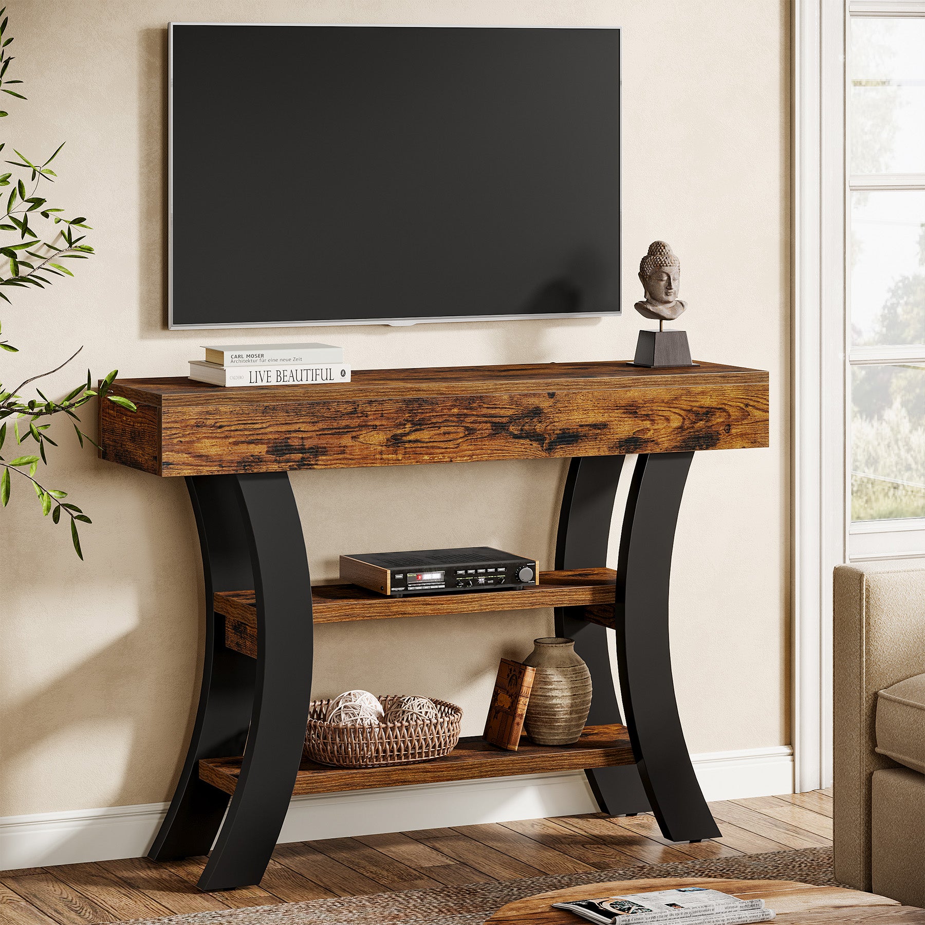 41.34" Rustic Console Table, 3-Tier Entryway Table with Curved Frame for Living Room