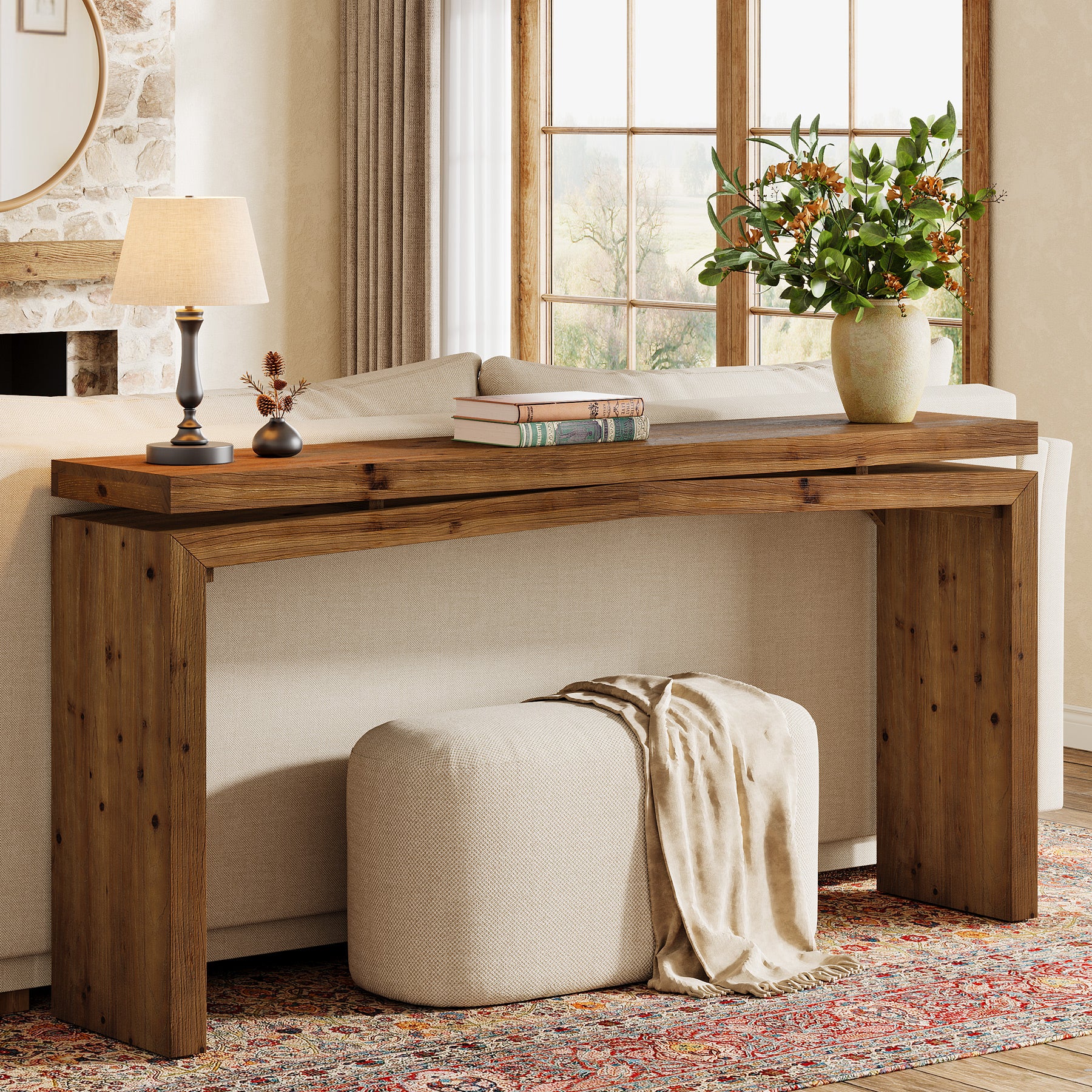 63-Inch Solid Wood Farmhouse Console Table, Long Sofa Table for Entryway