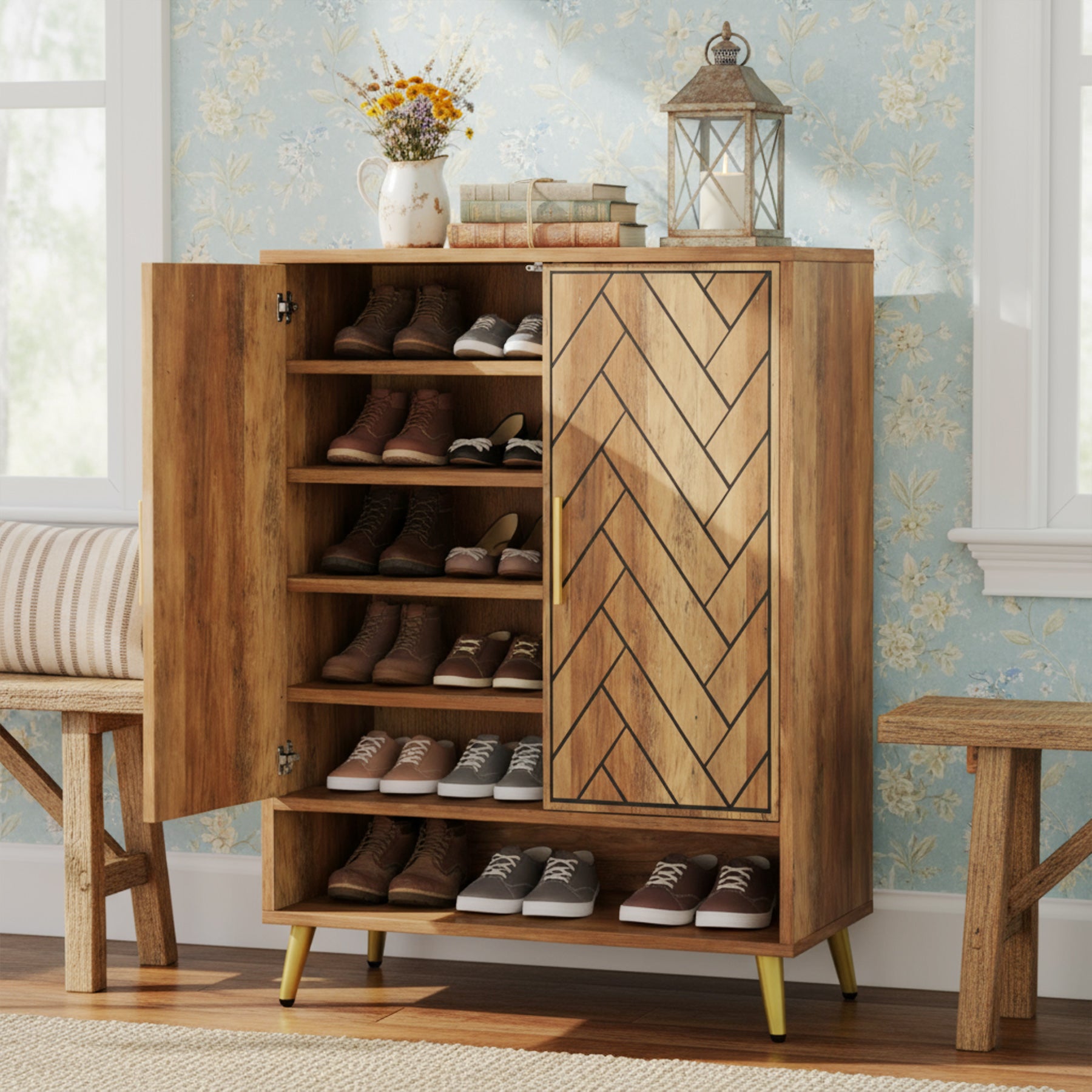 6-Tier Adjustable Shoe Cabinet - Wooden Shoe Organizer with Storage Shelves