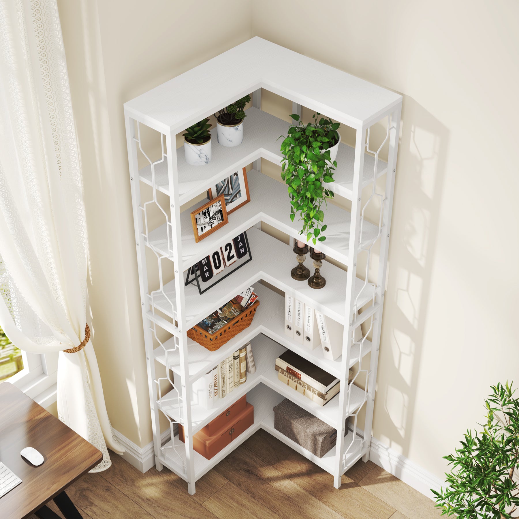 78.7-Inch 7-Tier Corner Bookcase with Hexagon-Pattern Side Panels, Tall Display Unit for Living Room