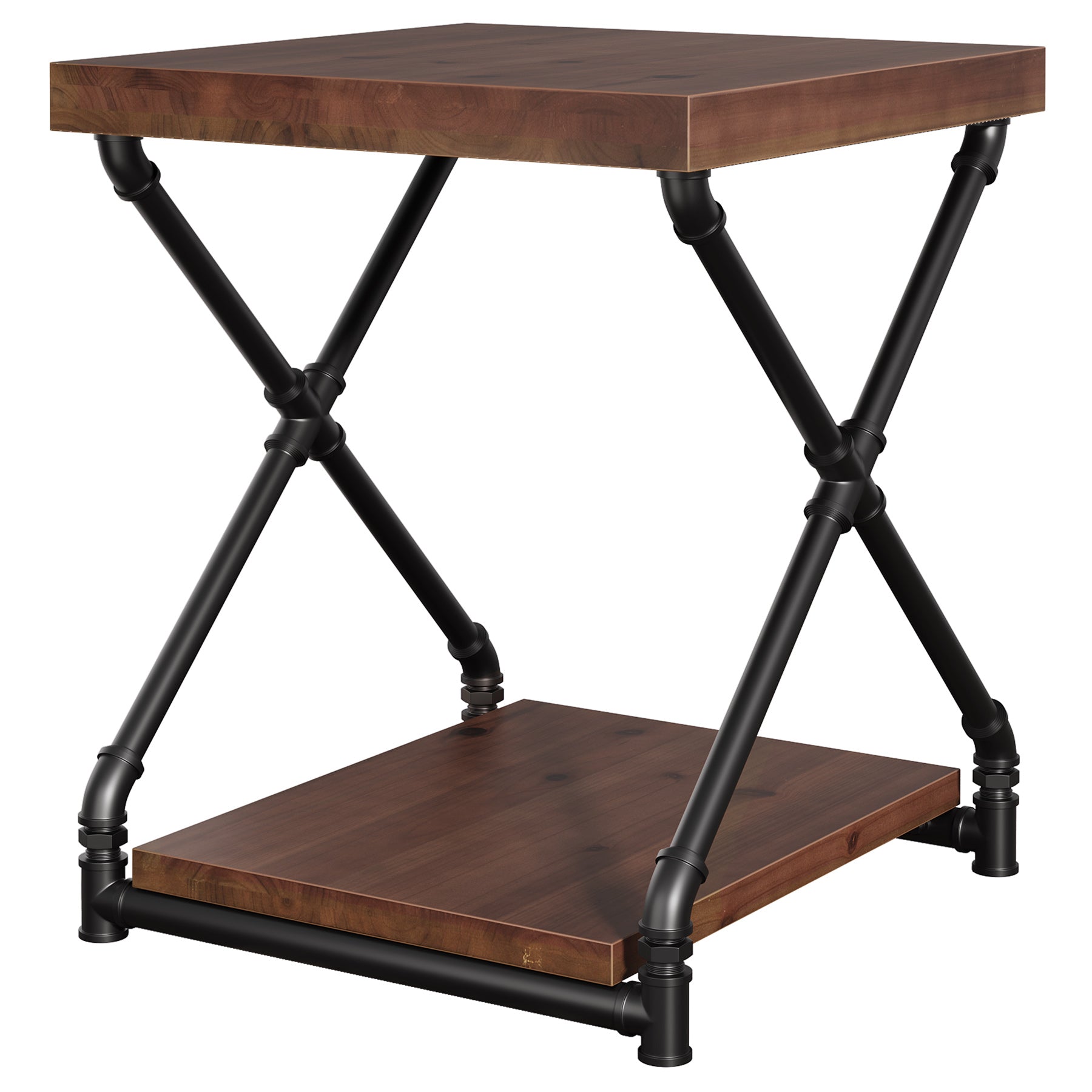 Solid Wood End Table with Storage Shelf and X-Shaped Legs, Small Wood Nightstand
