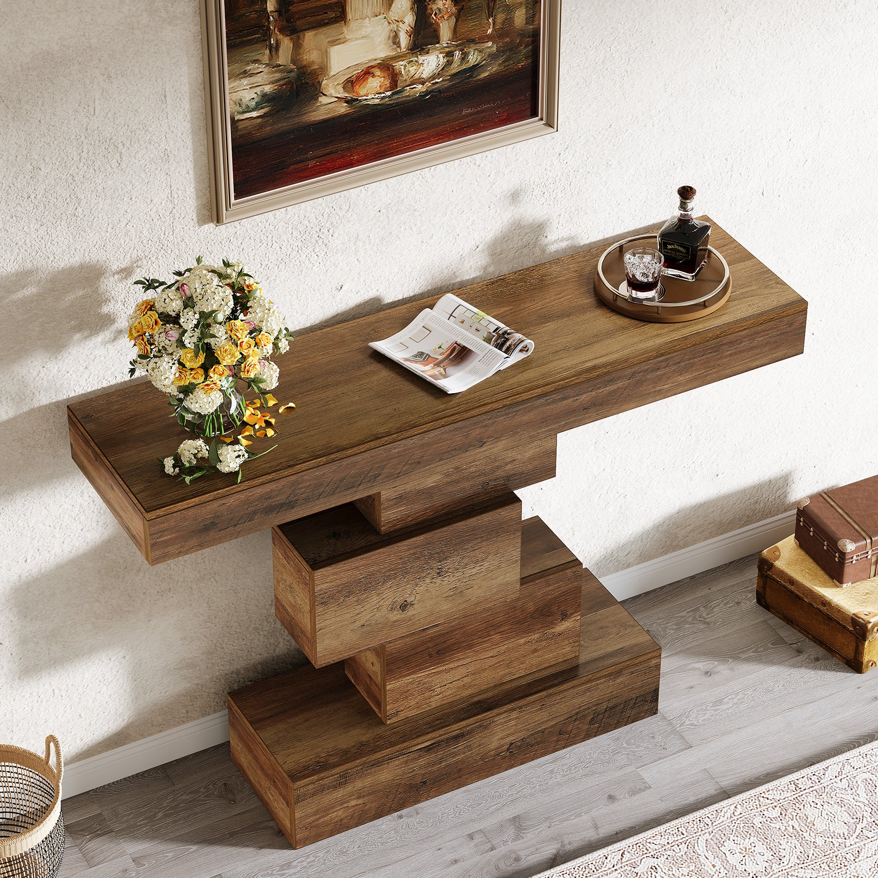 42" Console Table, Wood Sofa Table Accent Table with Geometric Base
