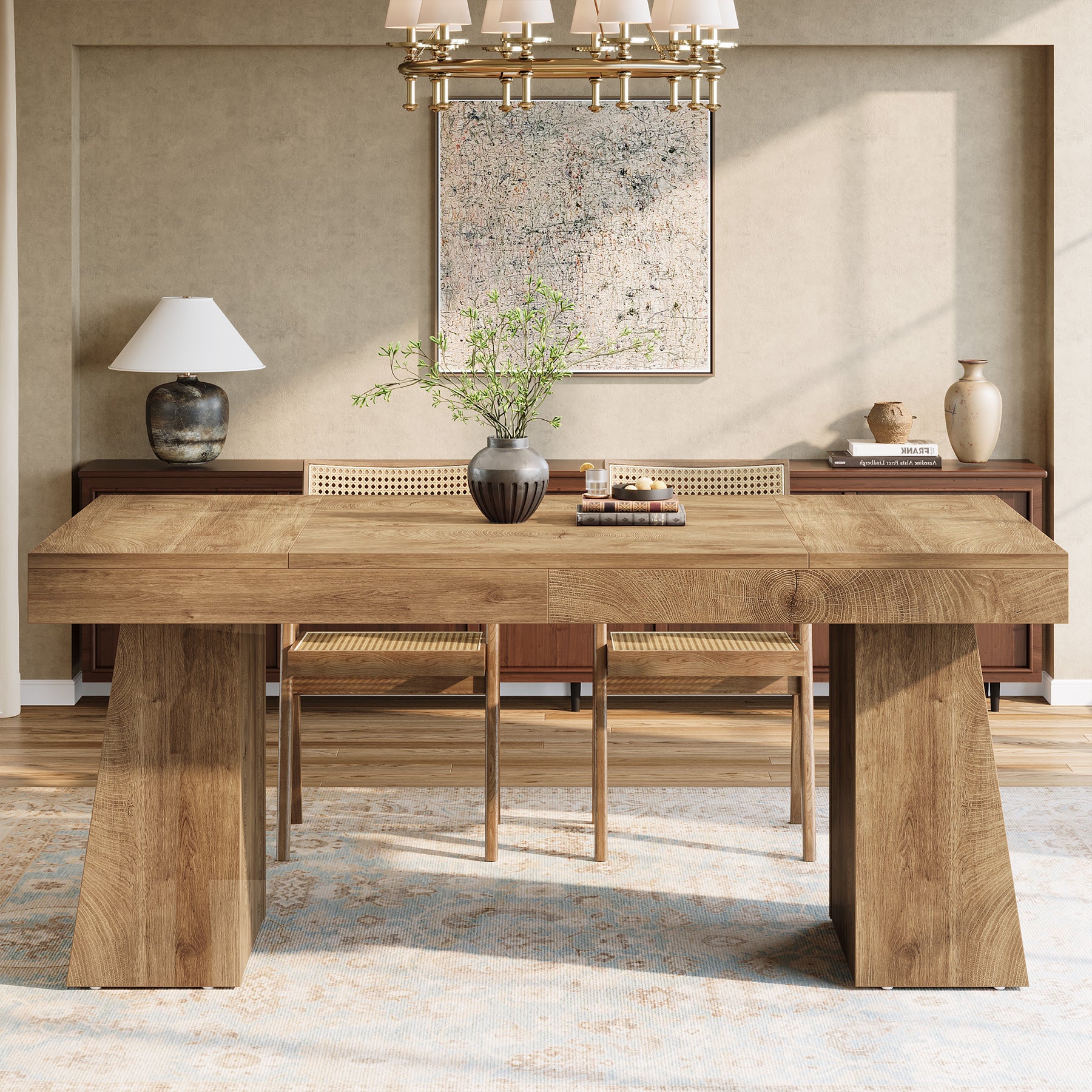 Tribesigns 55-Inch Dining Table for 4-6 People, Rectangular Farmhouse Kitchen Table with Double Pedestal Base