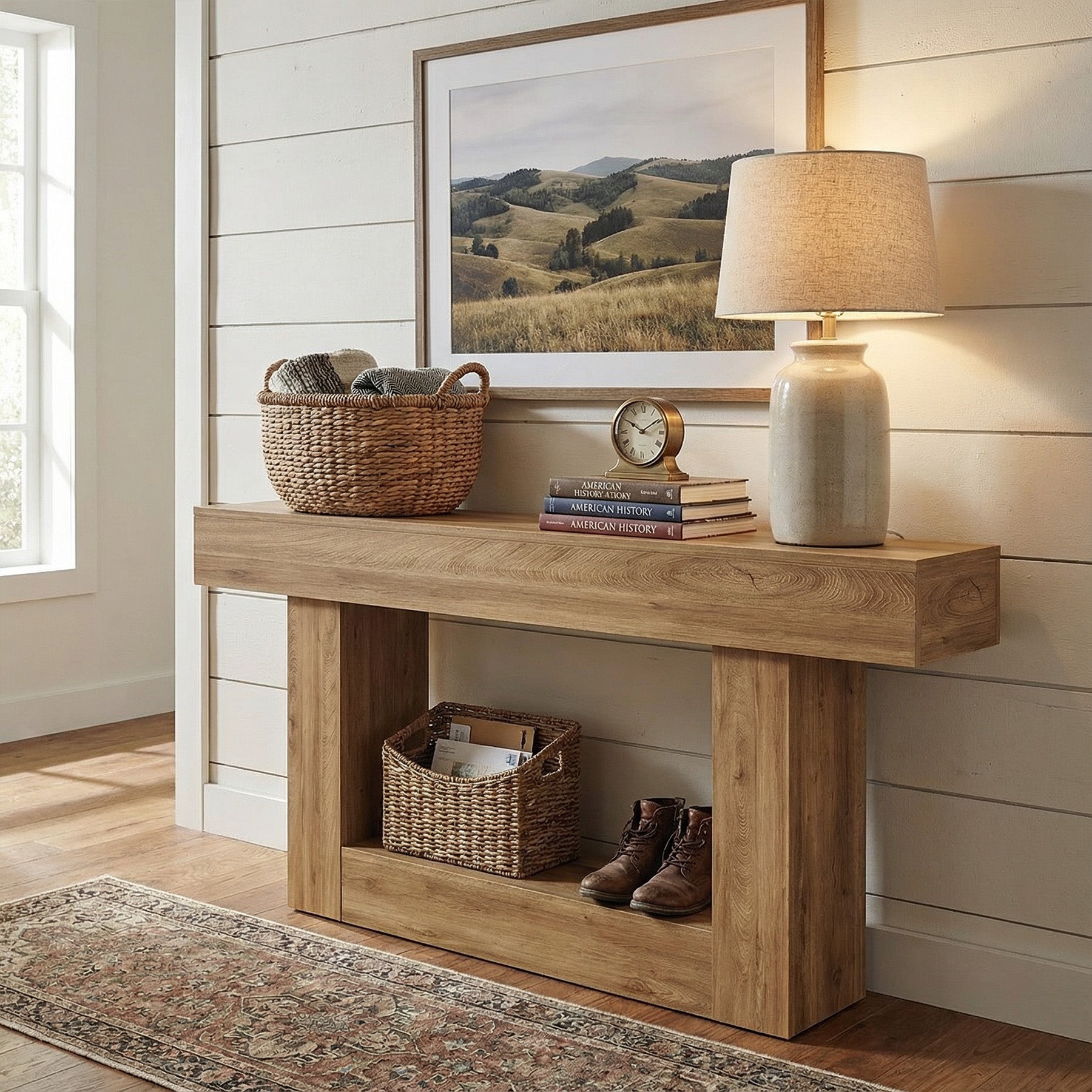 63" Distressed Wood Console Table, 2-Tier Sofa & Entry Table