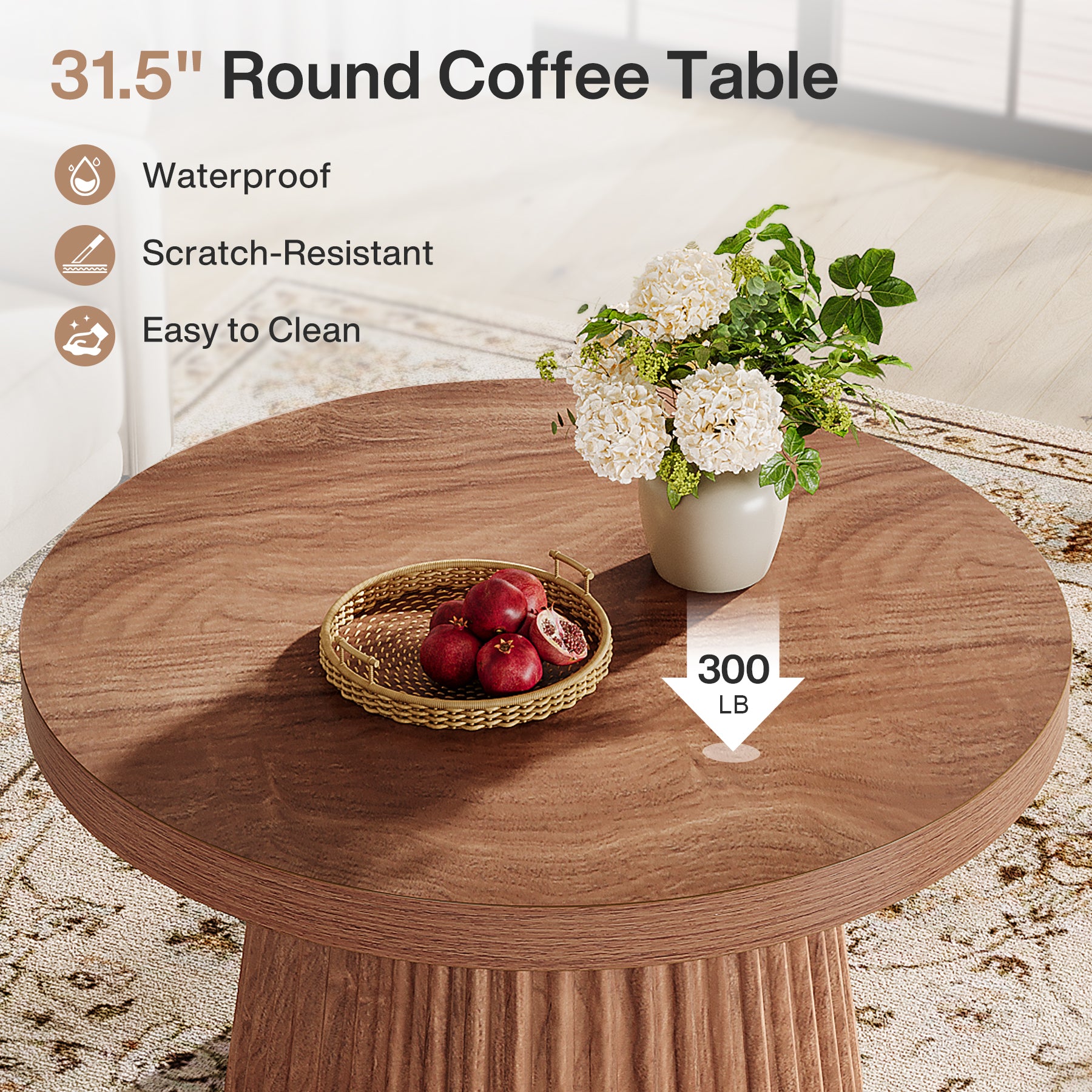 31.5" Round Fluted Coffee Table - Minimalist Wood Grain Center Piece for Small Spaces