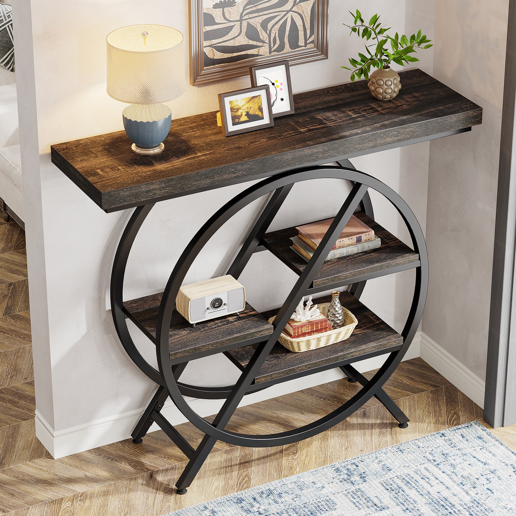 4-Tier Console Table, 39.4" Entryway Table with Geometric Metal Frame