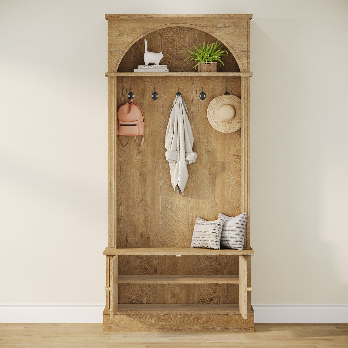 4-in-1 Hall Tree with Shoe Bench and Storage Cabinet, Entryway Coat Rack with Hooks and Top Shelf