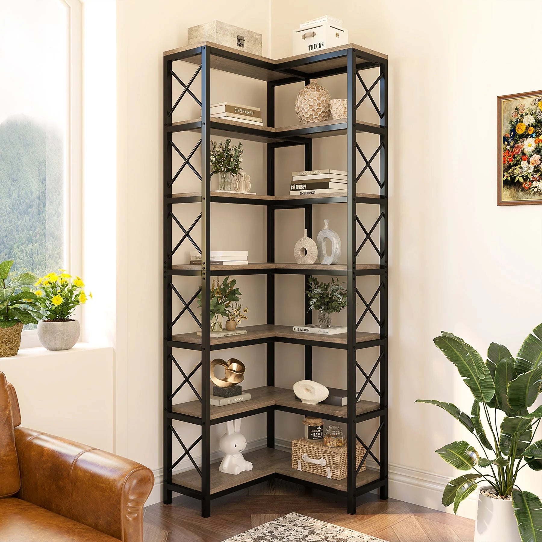 7-Tier Corner Bookshelf Corner Bookcase Display Storage Rack