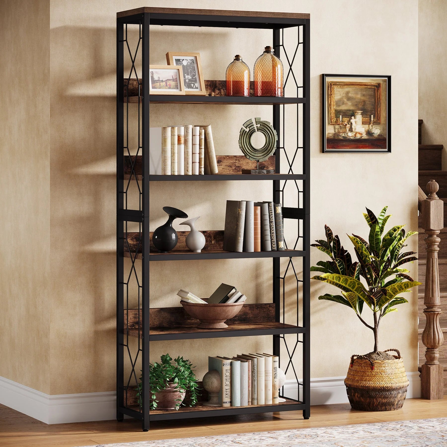 70.8" Bookshelf, 5-Tier Open Bookcase Storage Etagere