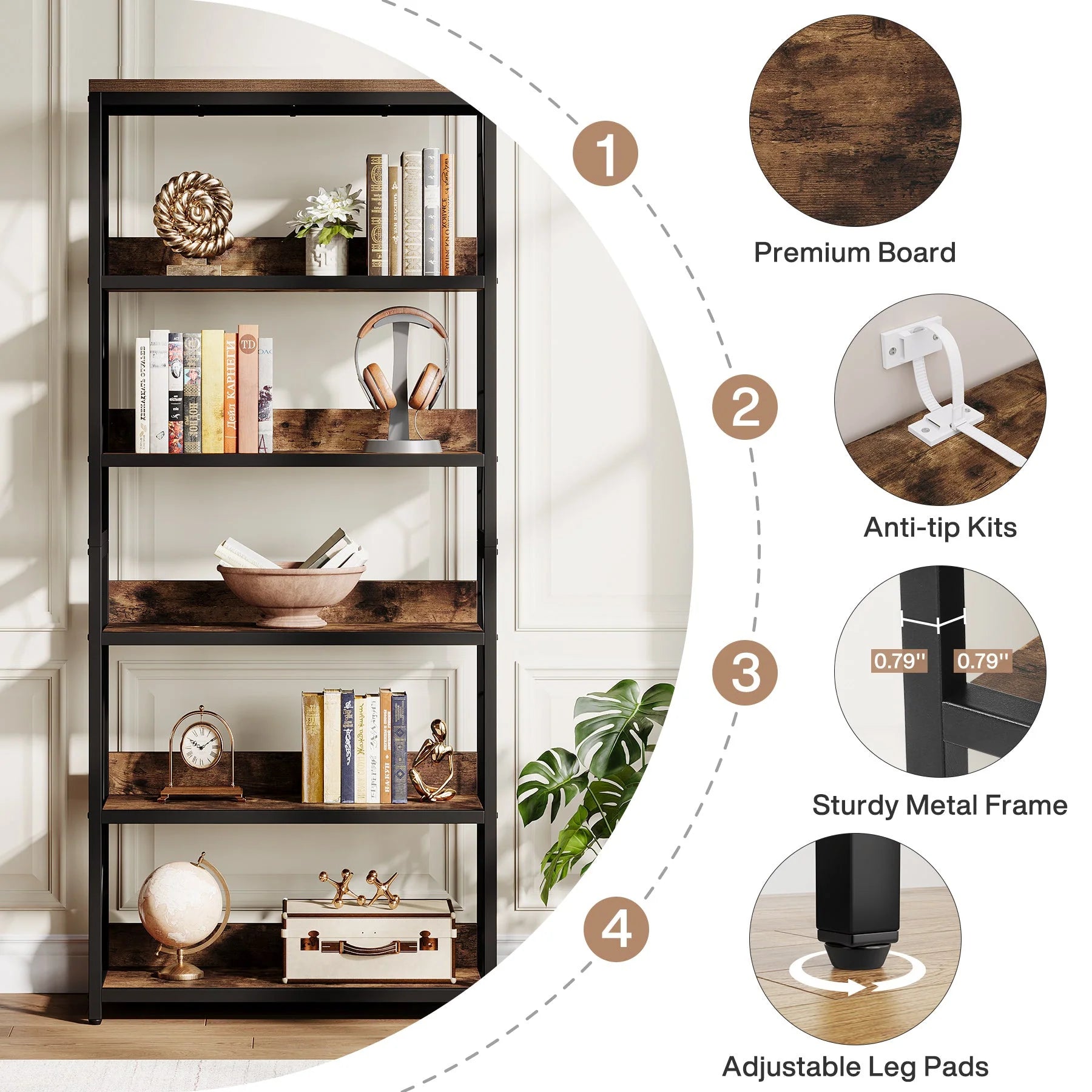 70.8" Bookshelf, 5-Tier Open Bookcase Storage Etagere