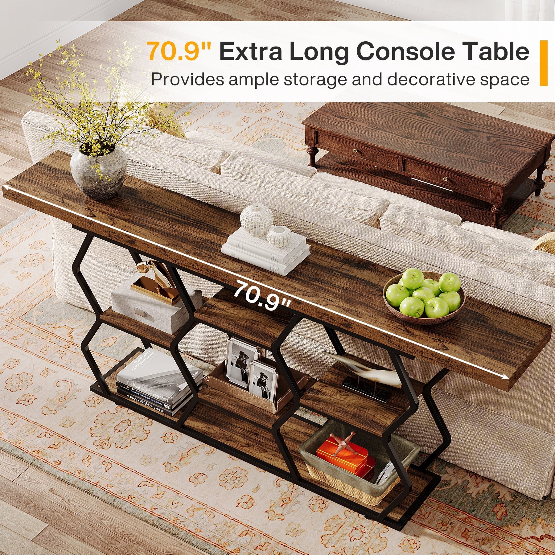 70.9" Console Table, Long Sofa Table with Storage Shelves