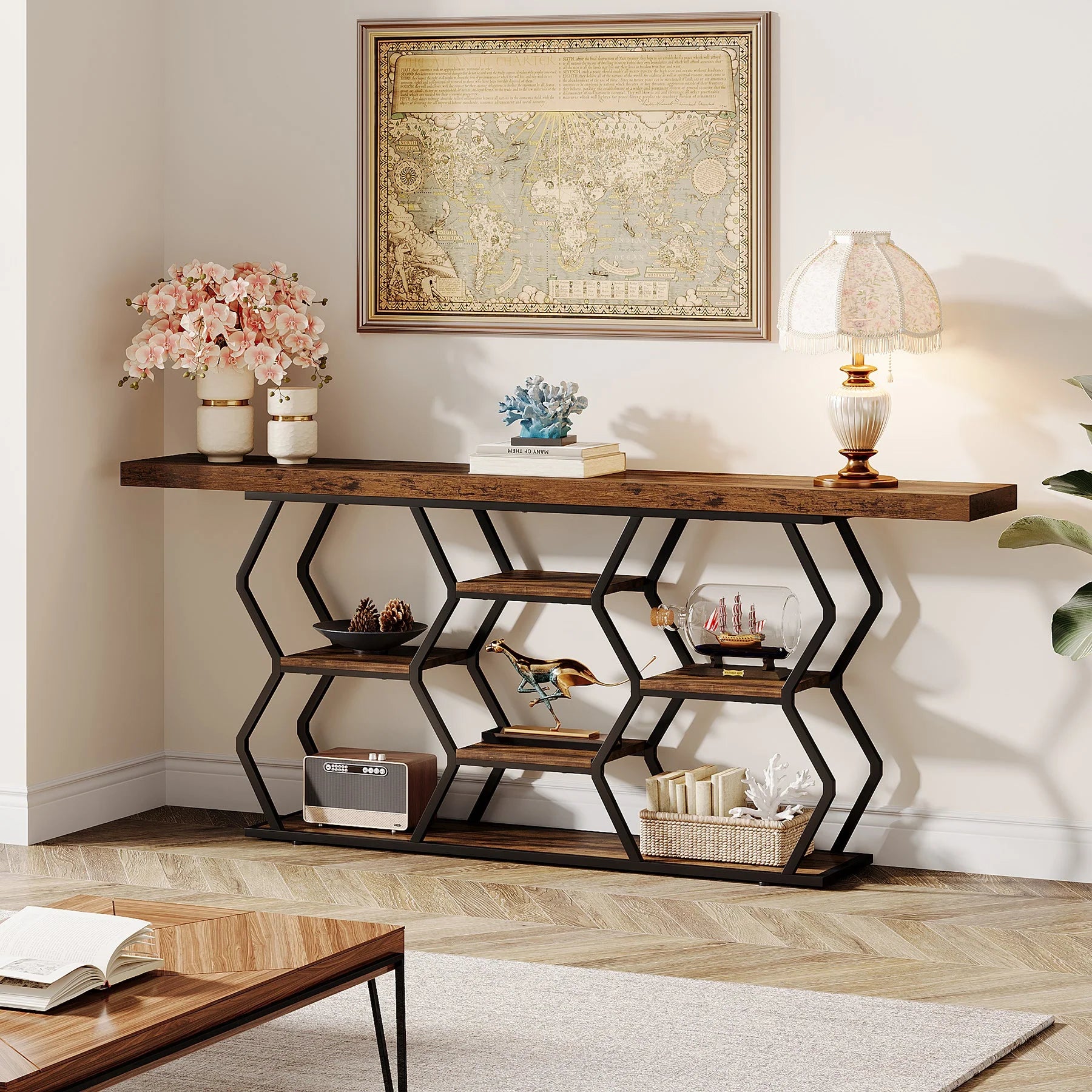 70.9" Console Table, Long Sofa Table with Storage Shelves