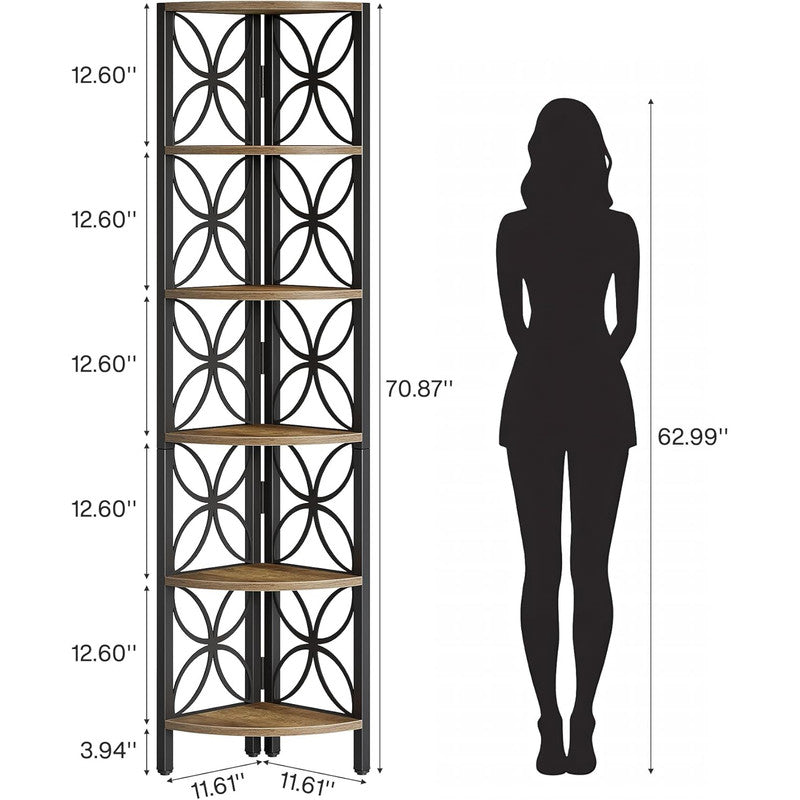 70.9" Industrial Rustic 6-Tier Corner Bookshelf, Display Shelf for Living Room & Small Spaces